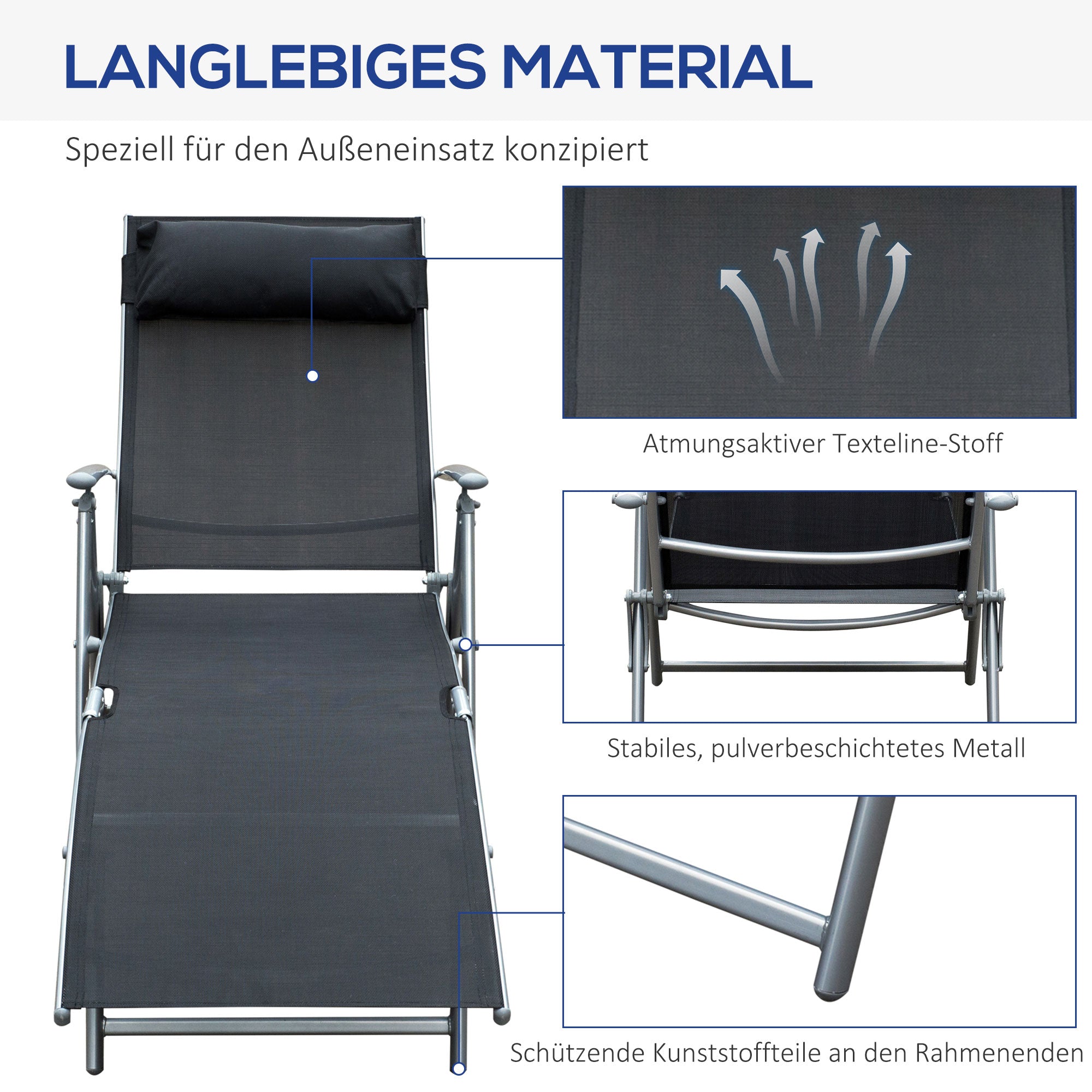 Outsunny Sonnenliege klappbar Strandliege mit Kissen Liegestuhl mit 7-Fach verstellbare Rückenlehne Gartenliege Relaxliege Gartenstuhl bis 165 kg belastbar, für Garten Urlaub Outdoor, Schwarz