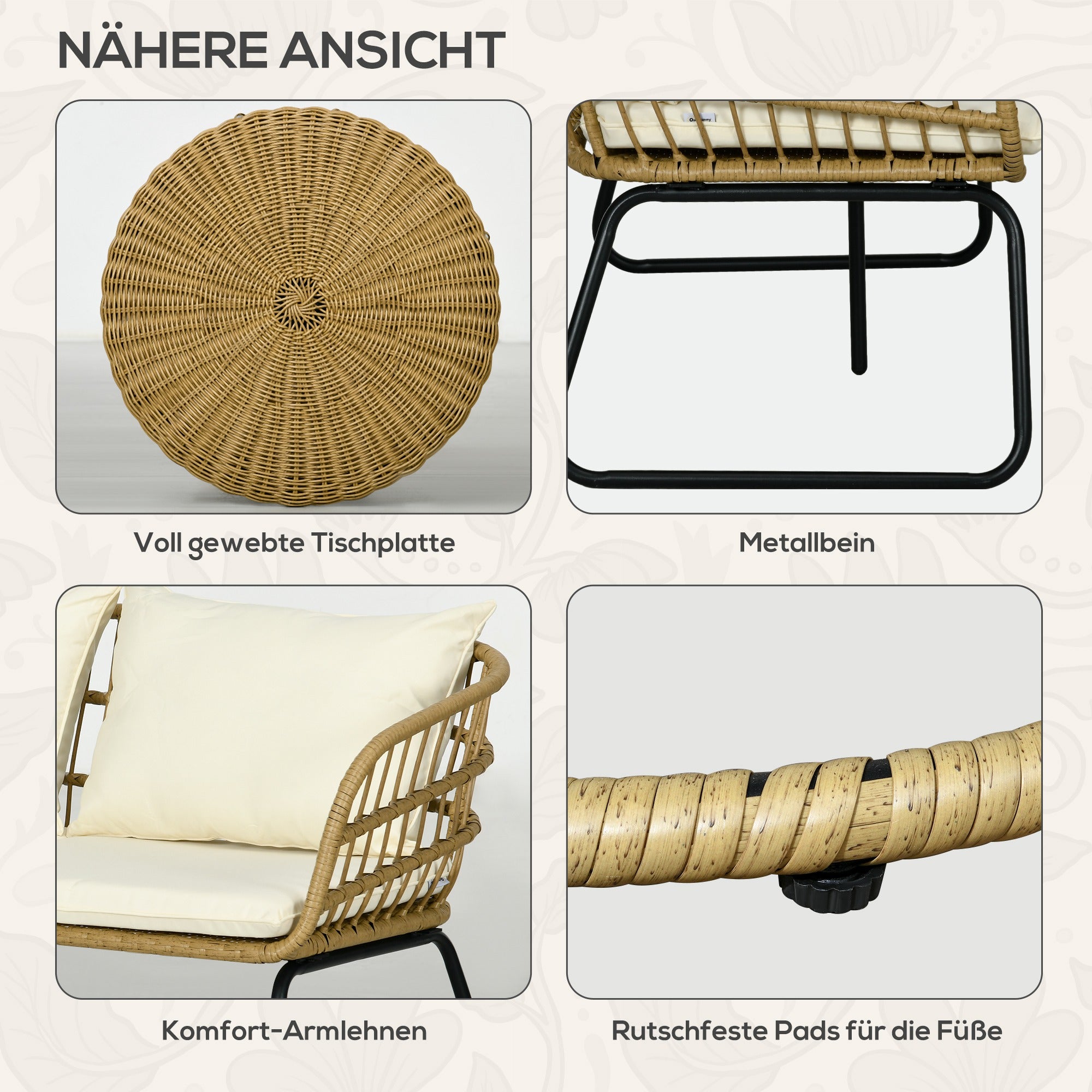 Outsunny Rattansitzgruppe Lounge-Set Outdoor-Sitzgruppe, Boho-Stil, 5-teilges Set, 145 x 70 x 78 cm, Creme + Natur + Schwarz