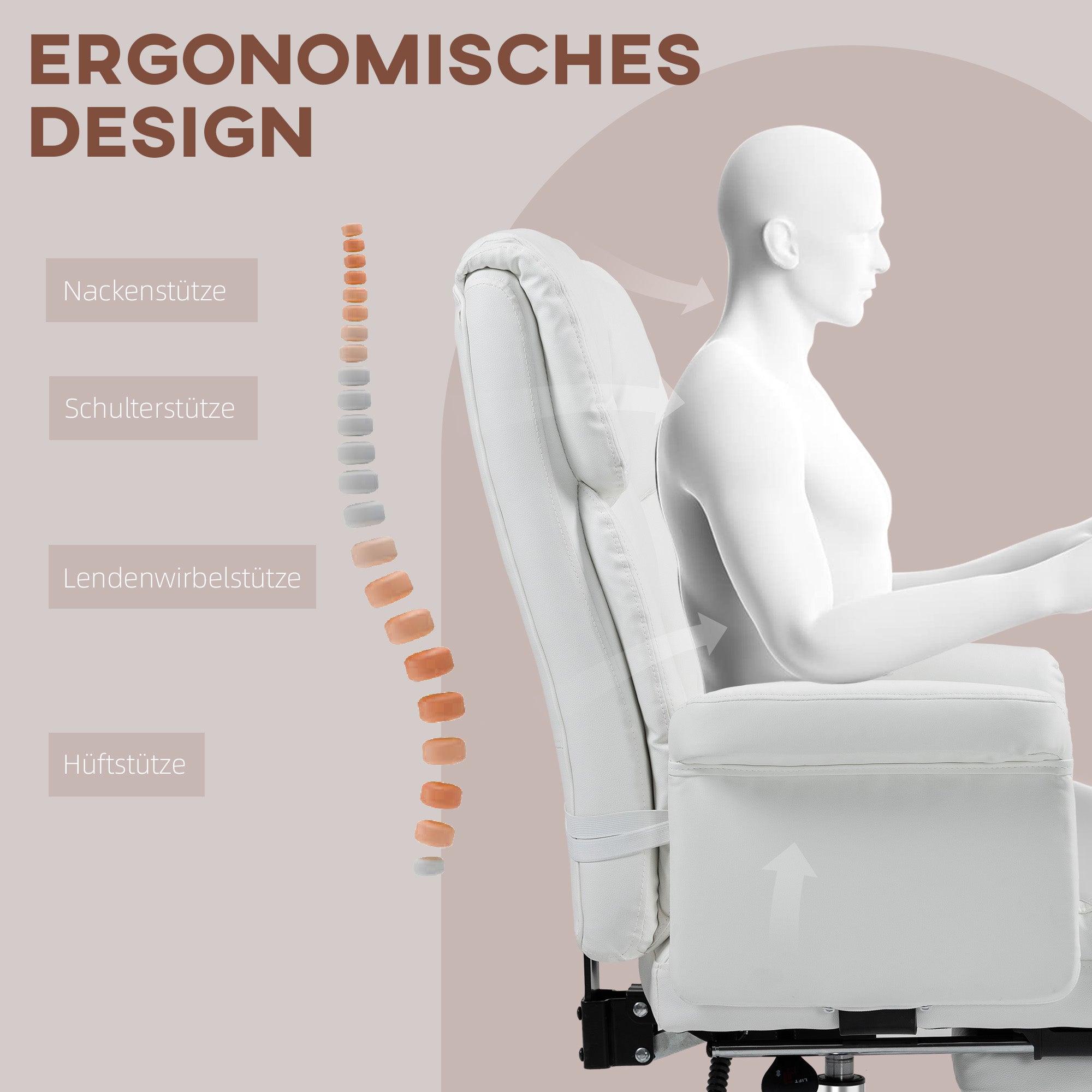 HOMCOM Ergonomischer Bürostuhl, höhenverstellbar 48-56 cm, neigbare Rückenlehne, Fußstütze, Weiß