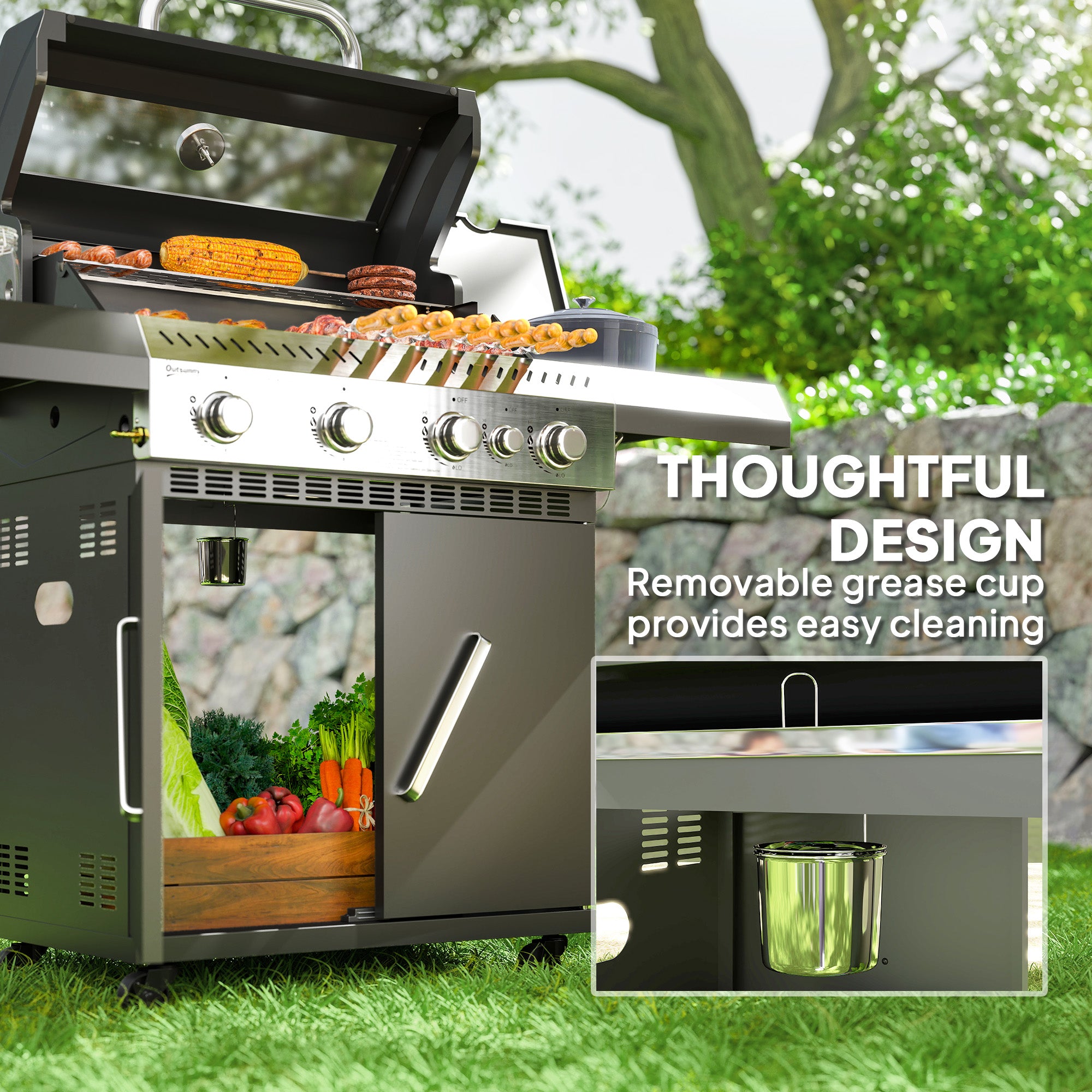 Outsunny Gasgrill 12 KW Grillwagen inkl 5 Brenner Seitenkocher Rolle Deckel Thermometer Seitenablagen 135 x 54 x 110 cm