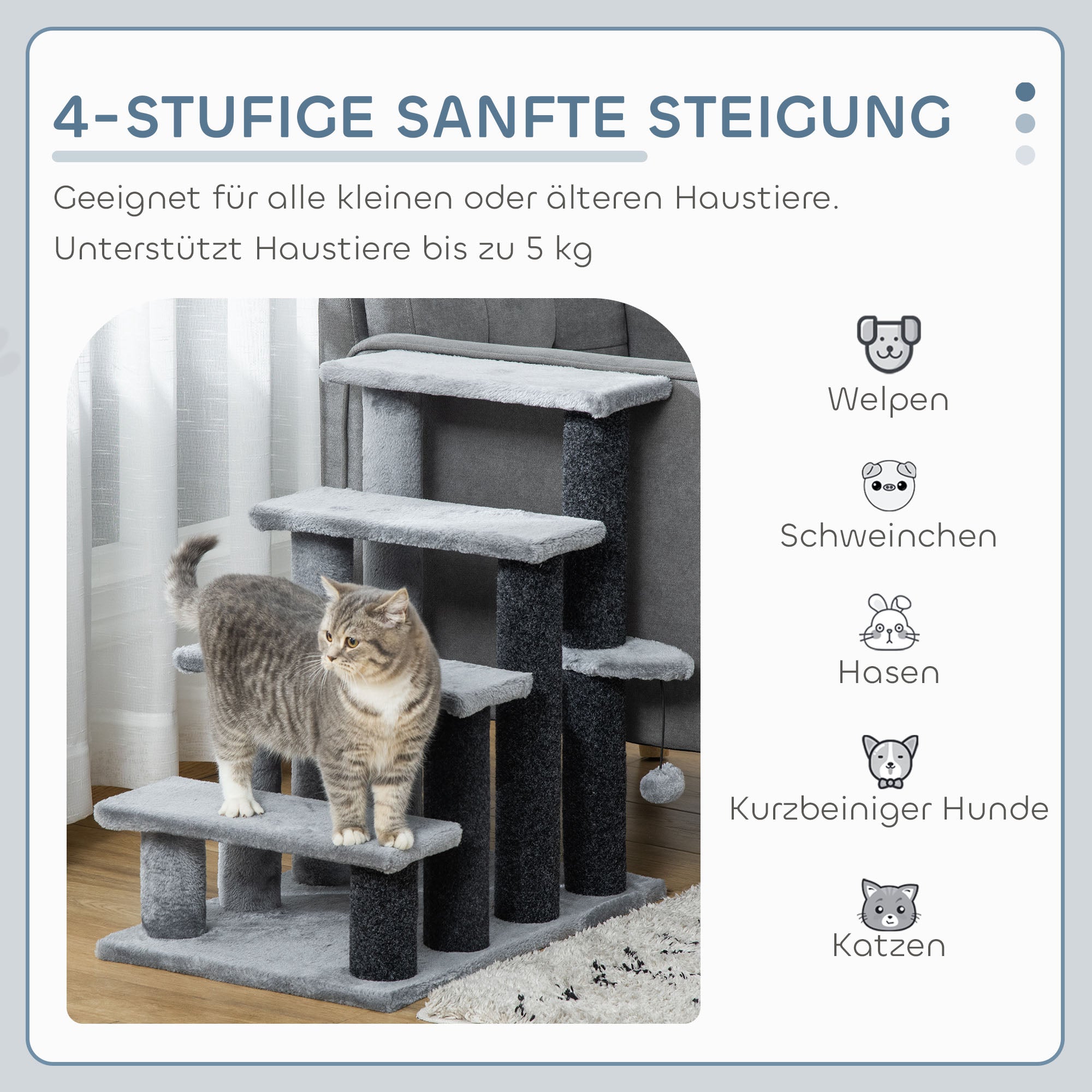 PawHut Katzentreppe 4-stufige Haustiertreppe mit Kratzsäulen Ball Hundetreppe Tiertreppe für Katzen bis 5 kg Plüsch Jute Grau 60 x 40 x 64 cm