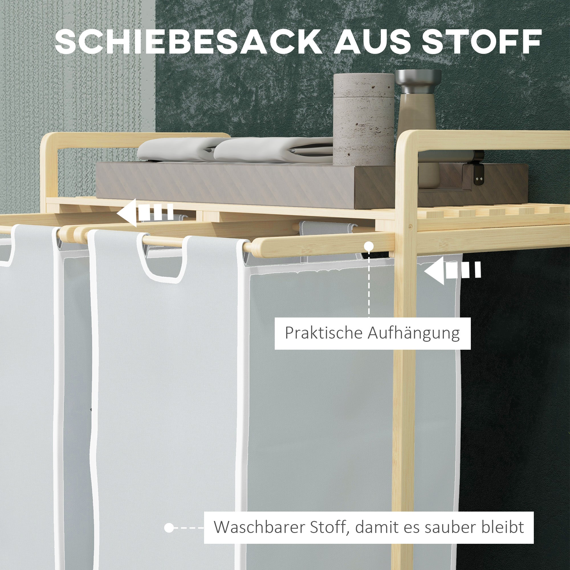 HOMCOM Wäschekorb mit 2 Waschsäcken, 1 Ablage, Bambus, 63,5 cm x 33 cm x 73 cm, Hellgrau + Natur
