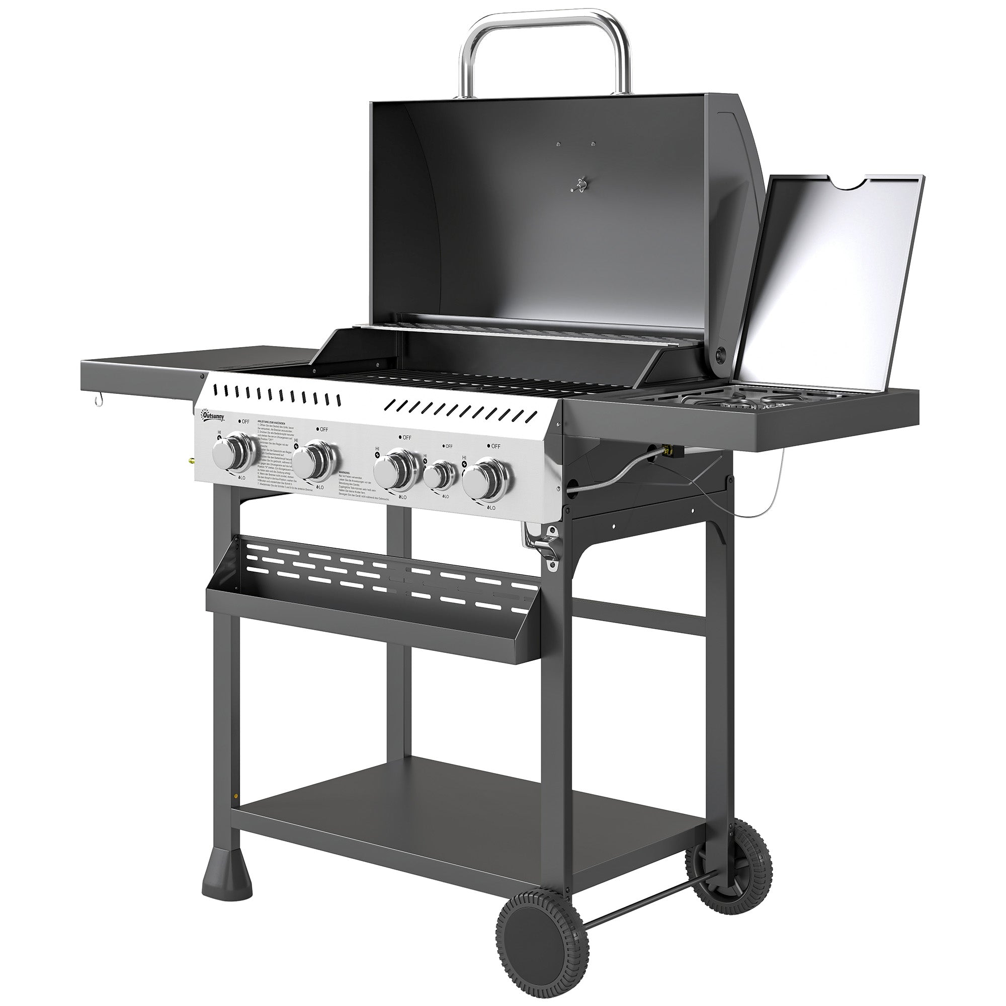 Outsunny Gasgrill, BBQ-Grill, 4 Hauptbrenner, 1 Seitenkocher, 1 Warmhalteplatte; 135 x 55 x 103 cm, Schwarz