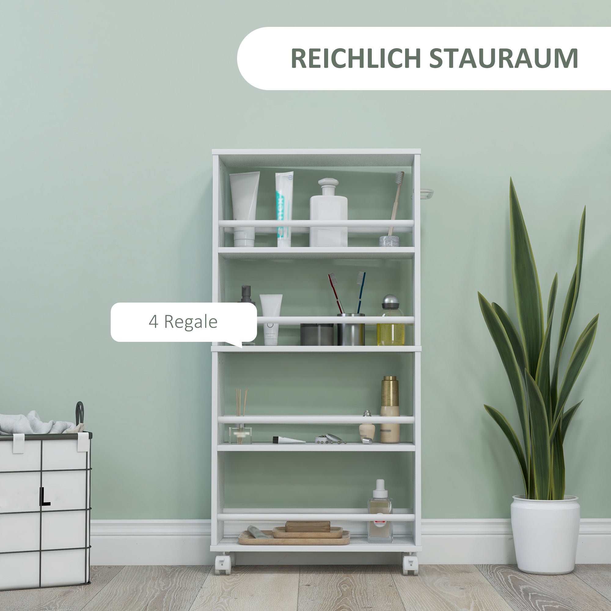 HOMCOM Multifunktionsregal mit Rollen, schmale Bauweise, 4 Fächer, 45x15x91 cm, Weiß