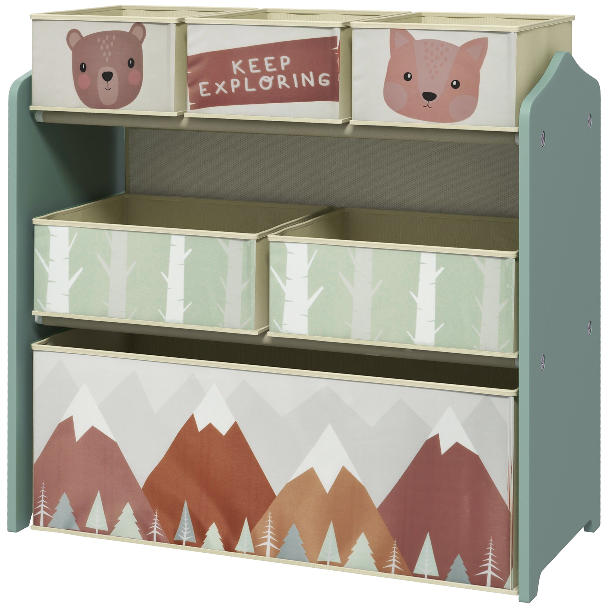 ZONEKIZ Kinderschrank mit 6 Stoffboxen, niedliches Motiv, 63x30x66 cm, Grün
