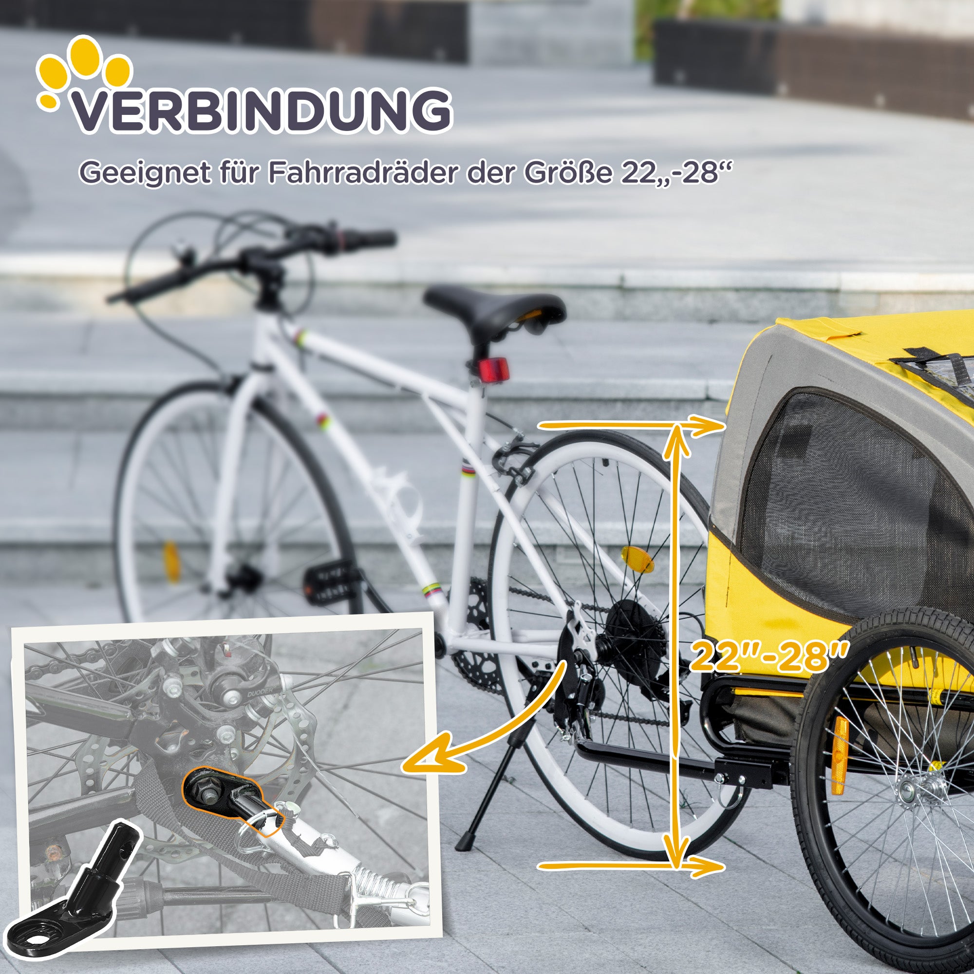 PawHut Hundeanhänger bis 20kg Netzfenster aufrollbare Abdeckung Universalkupplung Stahlrahmen gelb 140 x 71 x 83 cm