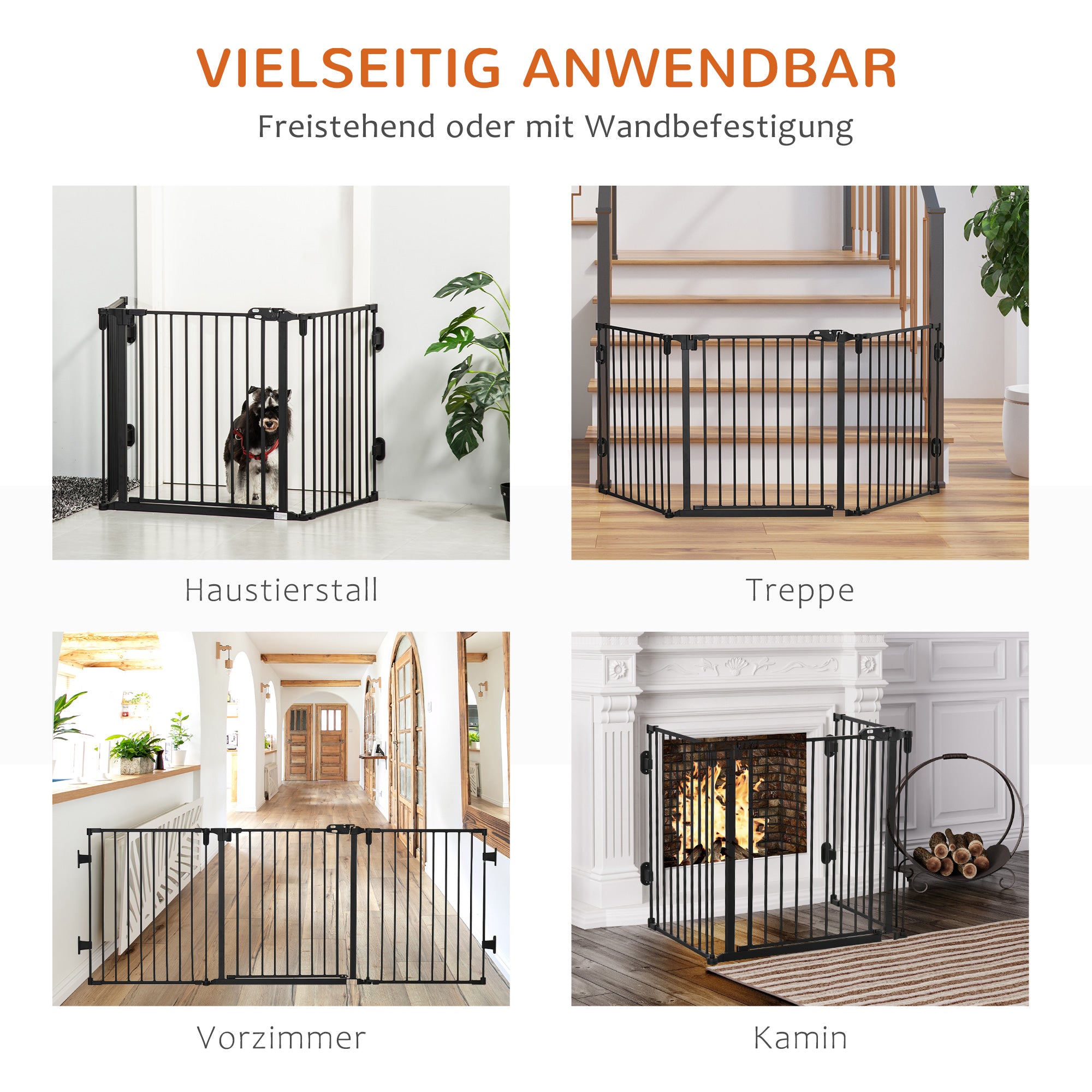 PawHut Hunde Absperrgitter Türschutzgitter Haustierschutzgitter verstellbar klappbar Kamingitter mit automatische schließenden Tür 3 Paneele für Ofen Wandmontage/Freistehend Schwarz 202,5 x 76 cm