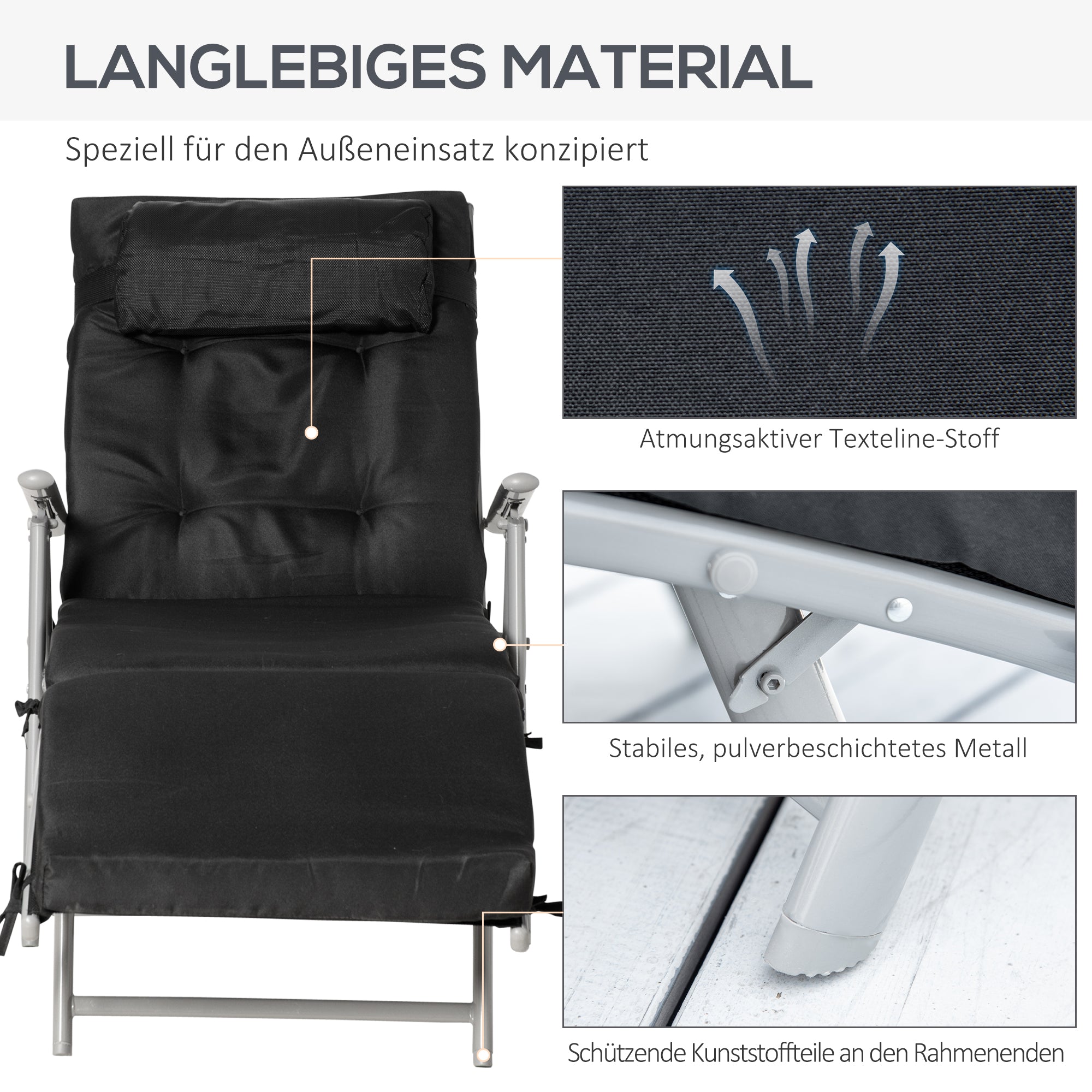 Outsunny Sonnenliege klappbar Strandliege mit Kopfkissen Sitzkissen Liegestuhl mit 7-Fach verstellbare Rückenlehne Gartenliege Relaxliege bis 165 kg belastbar, für Garten Urlaub Outdoor, Schwarz