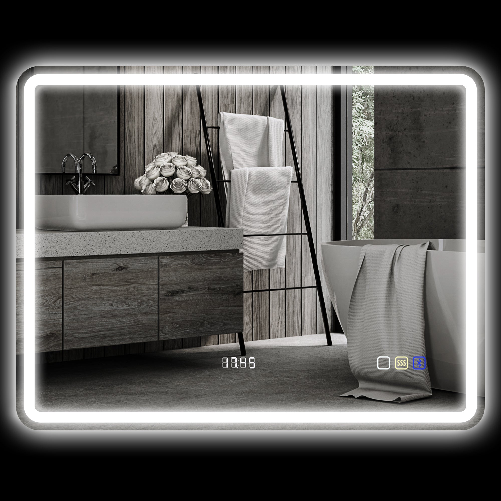 HOMCOM Badezimmerspiegel mit LED-Beleuchtung, Anti-Beschlags-Pad, 3 verstellbare Farben, Uhr, 700 x 900 mm, Silberfarben