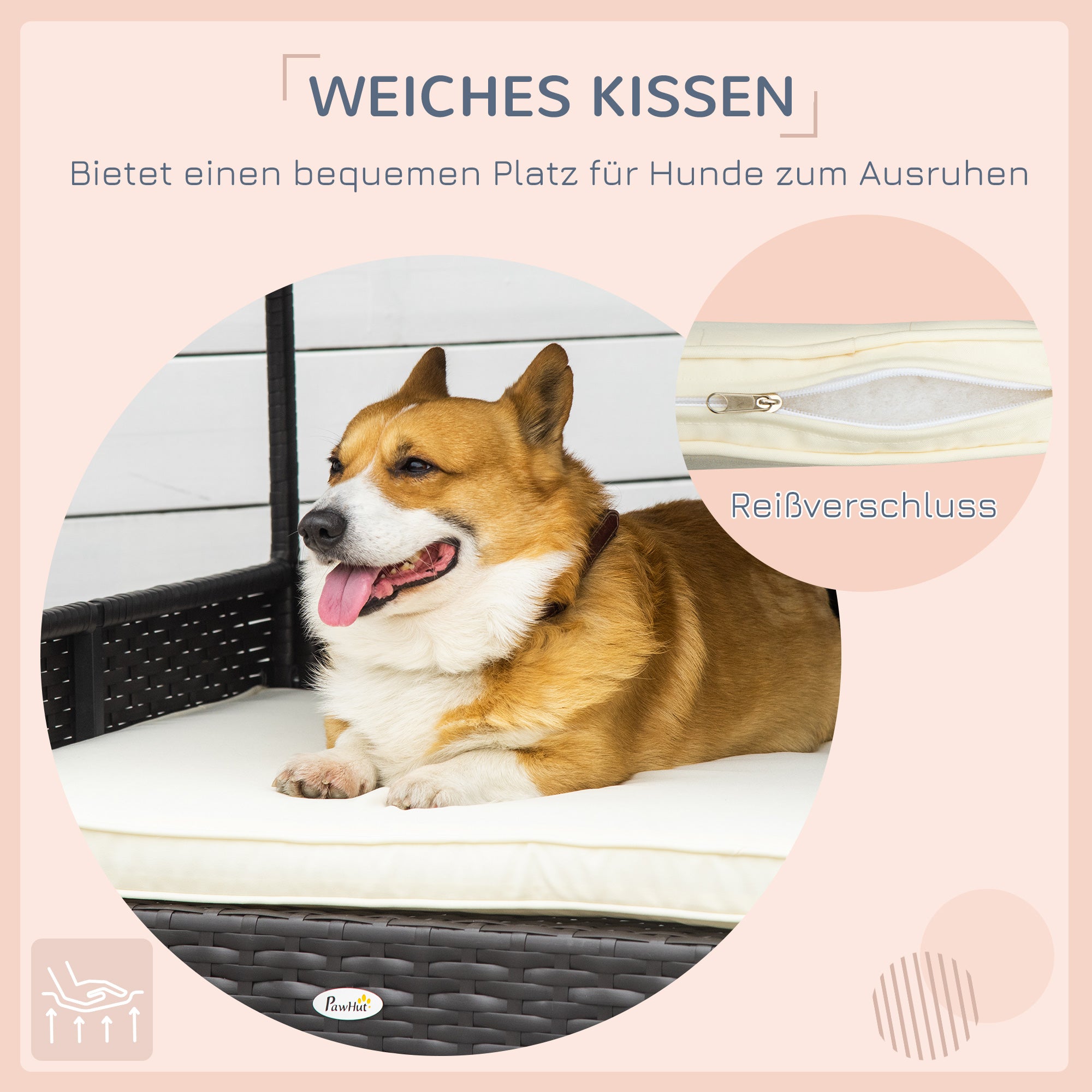 PawHut Rattan Hundeliege Outdoor mit Dach, Erhöhtes Hundebett für kleine und mittelgroße Hunde, Kühlendes Haustierliege mit Metallrahmen, Haustierbett für Draußen, 69 x 98 x 70 cm, Kaffee-Braun