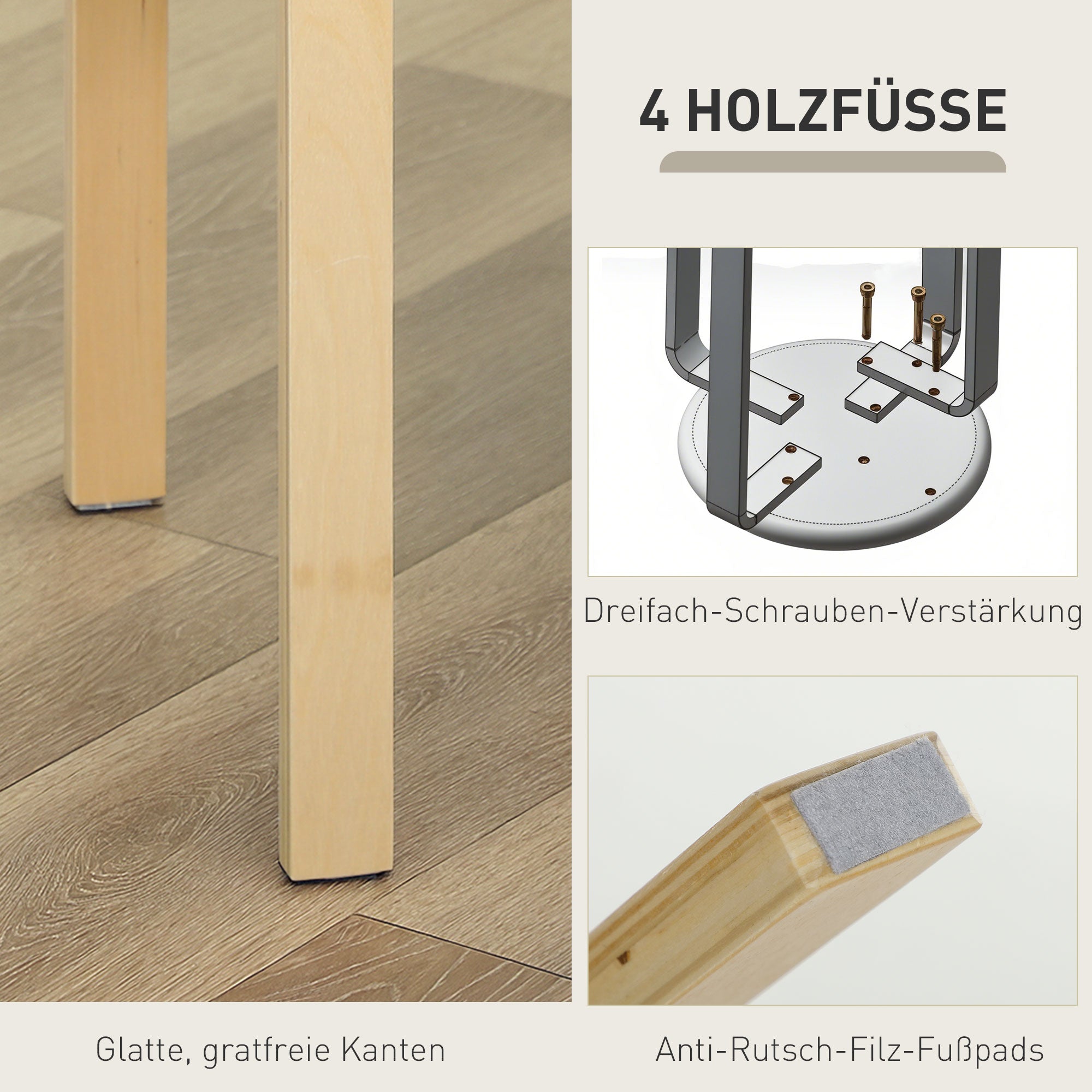 HOMCOM Polsterhocker im 4er-Set, stapelbar, lackierte Oberfläche, Holzbeine, Cremeweiß
