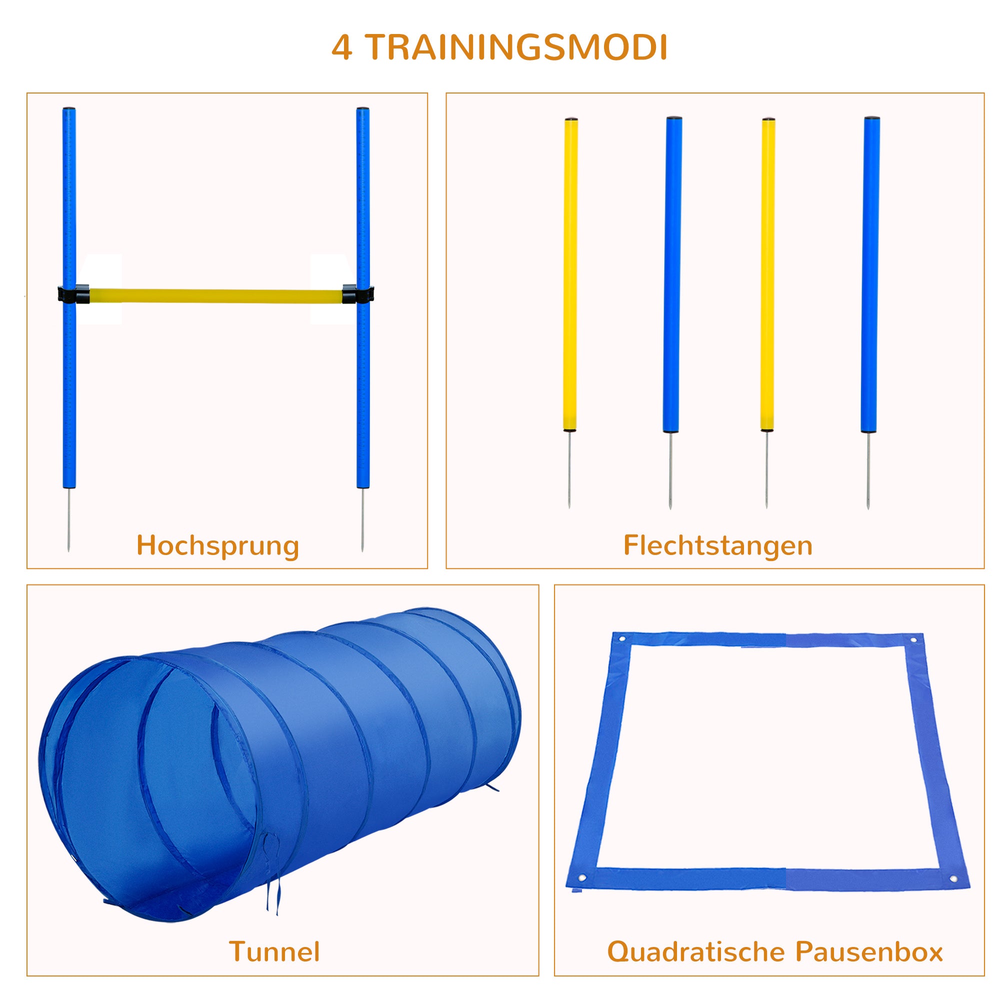 PawHut Agility Set Hunde 5-teiliges Agility-Ausrüstung für Hundetraining Steckhürdenset mit Hundetunnel 4 Slalomstangen höhenverstellbar Hürden Pause-Box Tragetasche Agilityset für Spiele Training