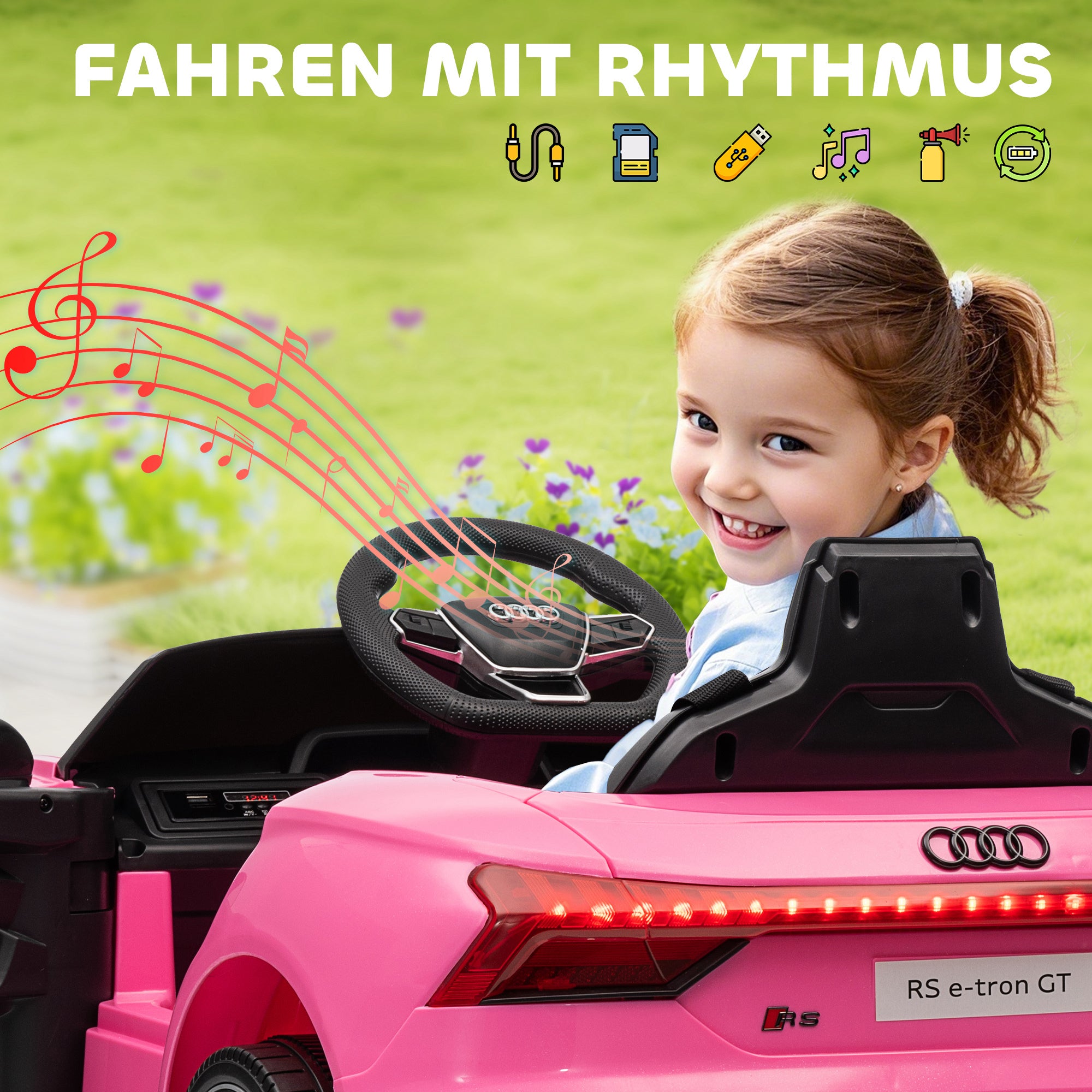 HOMCOM Kinder-Elektroauto mit Fernbedienung, Sicherheitsgurt, Hupe, Musik, Scheinwerfer, bis 5 km/h, 3-5 Jahre, Rosa