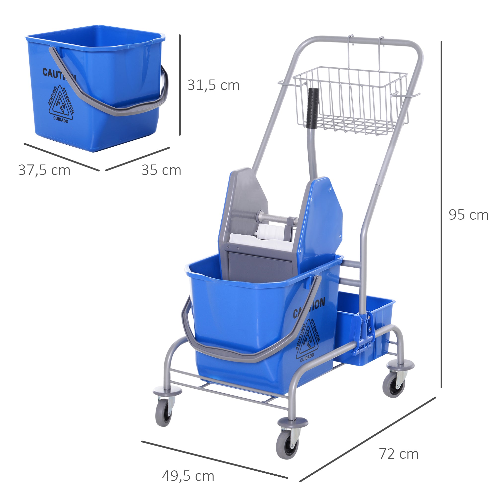 HOMCOM Reinigungswagen, Moppwagen, 25 L Fassungsvermögen, 4 Räder, Kunststoff, Blau