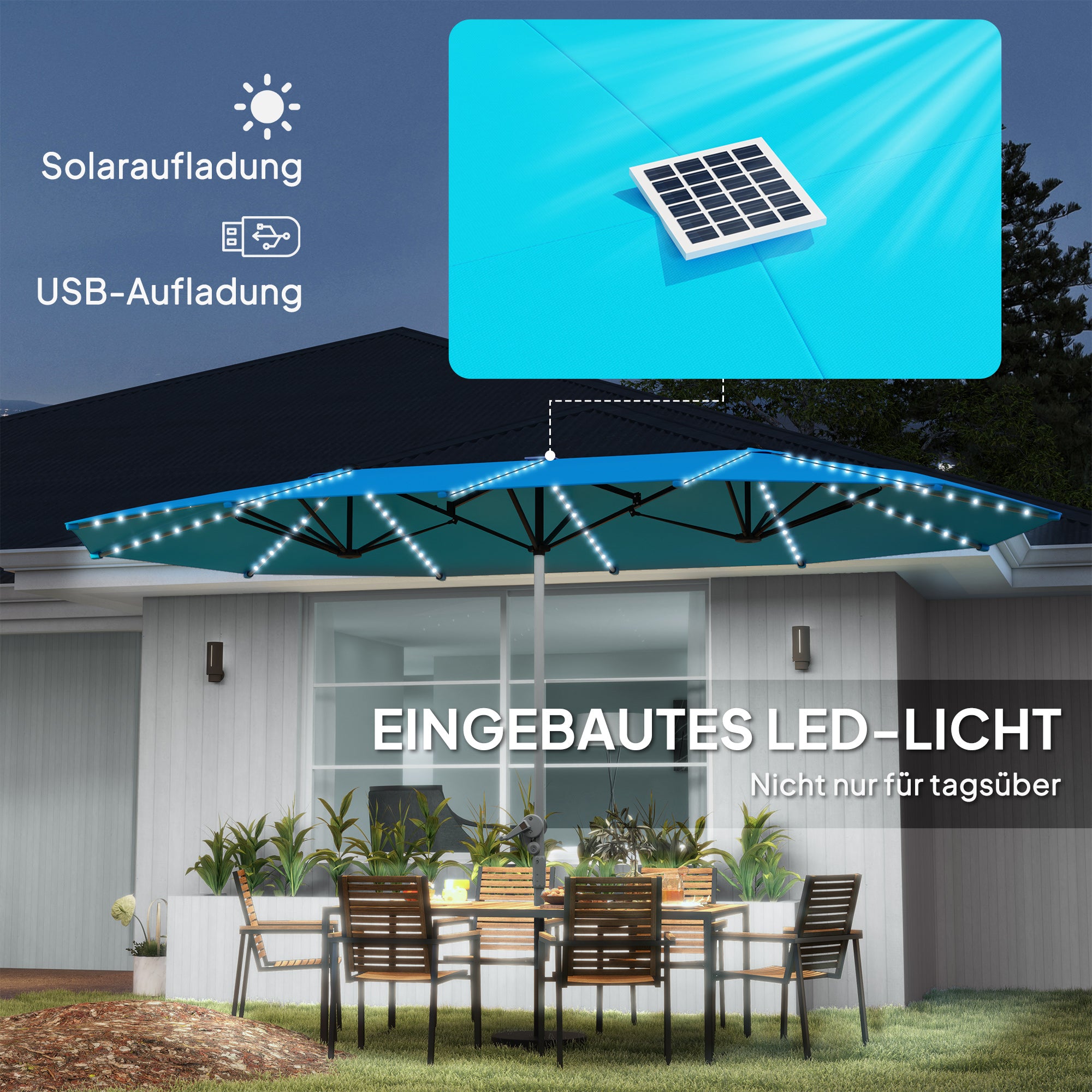 Outsunny Doppelschirm mit Solar-Lichtern, Aluminium, Polyester, UPF50+ Schutz, UV-beständig, Terrassenschirm, Blau