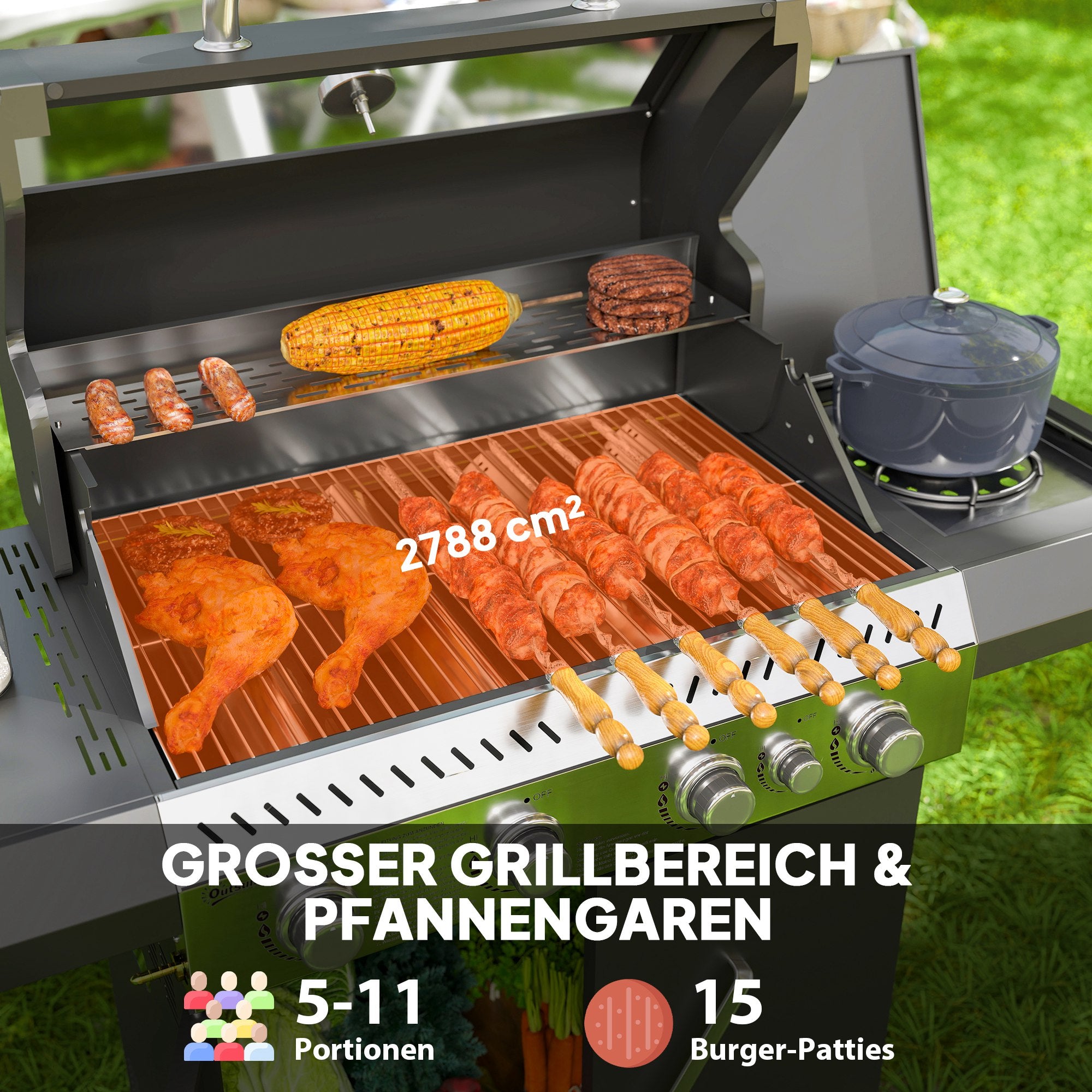 Outsunny Gasgrill 12 KW Grillwagen inkl 5 Brenner Seitenkocher Rolle Deckel Thermometer Seitenablagen 135 x 54 x 110 cm