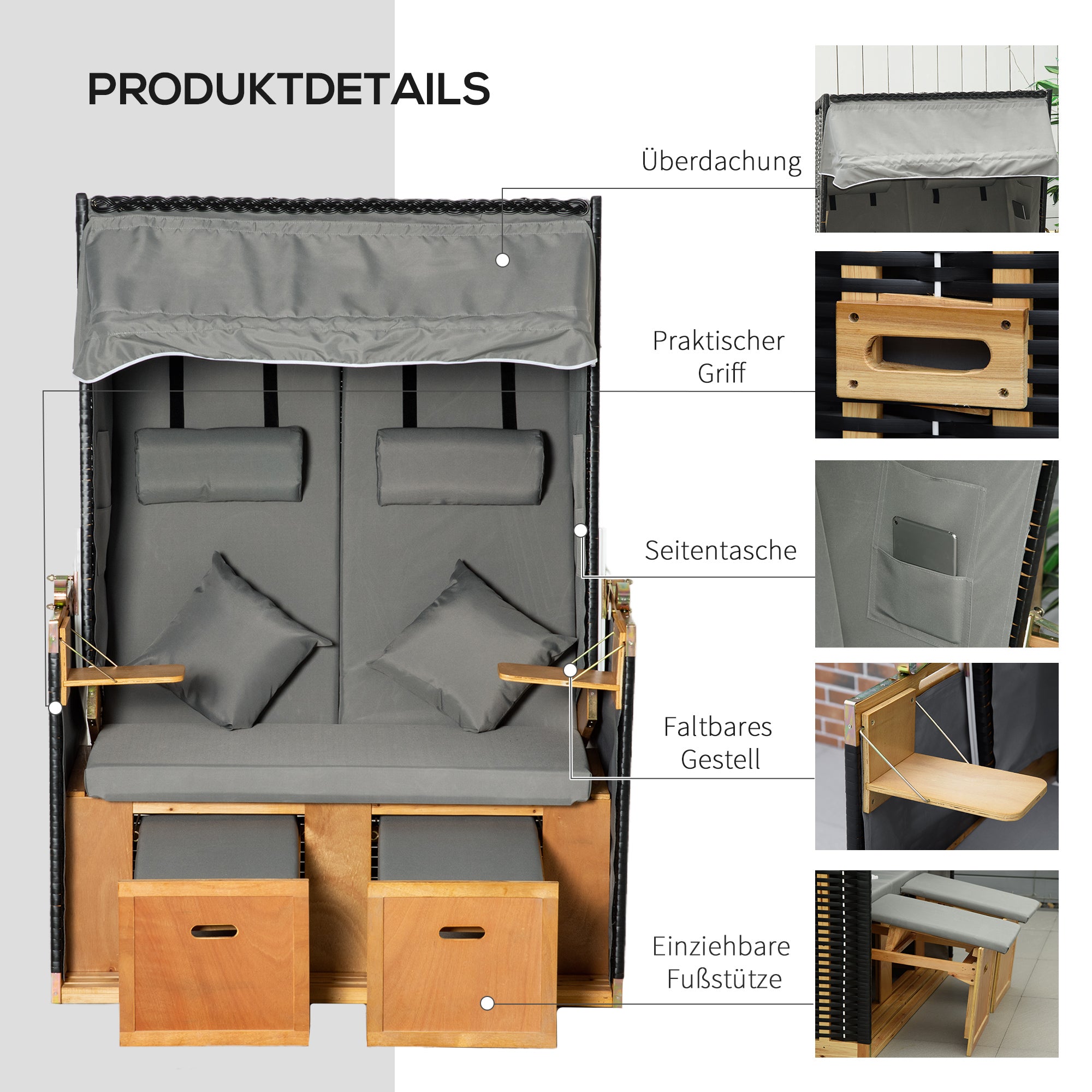 Outsunny Strandkorb für 2 Personen, inkl. Kissen, Nackenrolle und Fußstützen, wetterbeständig, hellgrau
