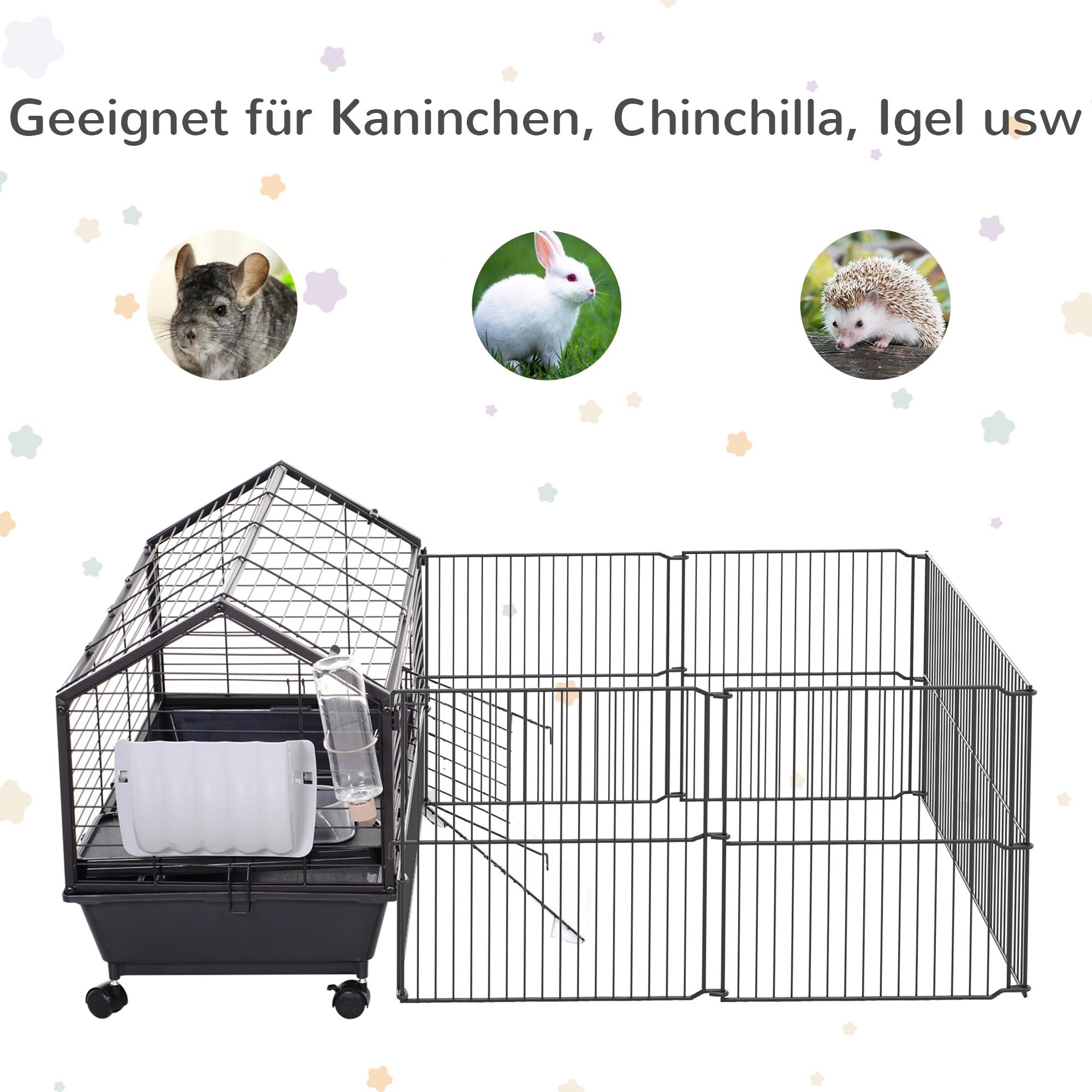 Pawhut Kleintierkäfig mit Freigehege inkl. Zubehör 88 cm x 128,5 cm x 56 cm 4 Rollen Schwarz Metall Polypropylen