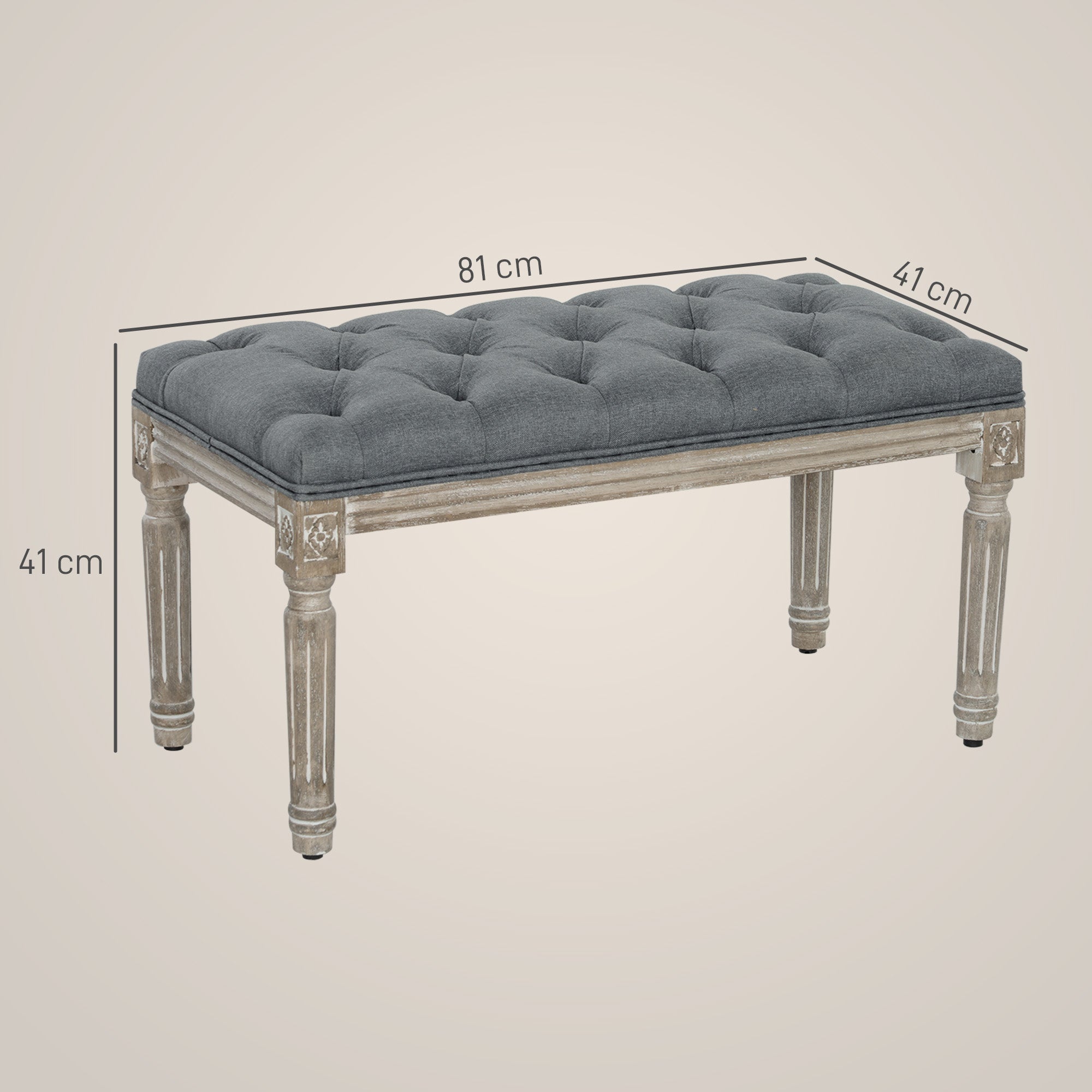 HOMCOM Polsterbank, Sitzbank, Bettbank mit Leinenoptik, Schminkbank für Flur, Diele, Schlafzimmer, Gummiholz, Grau, 81 x 41 x 41 cm