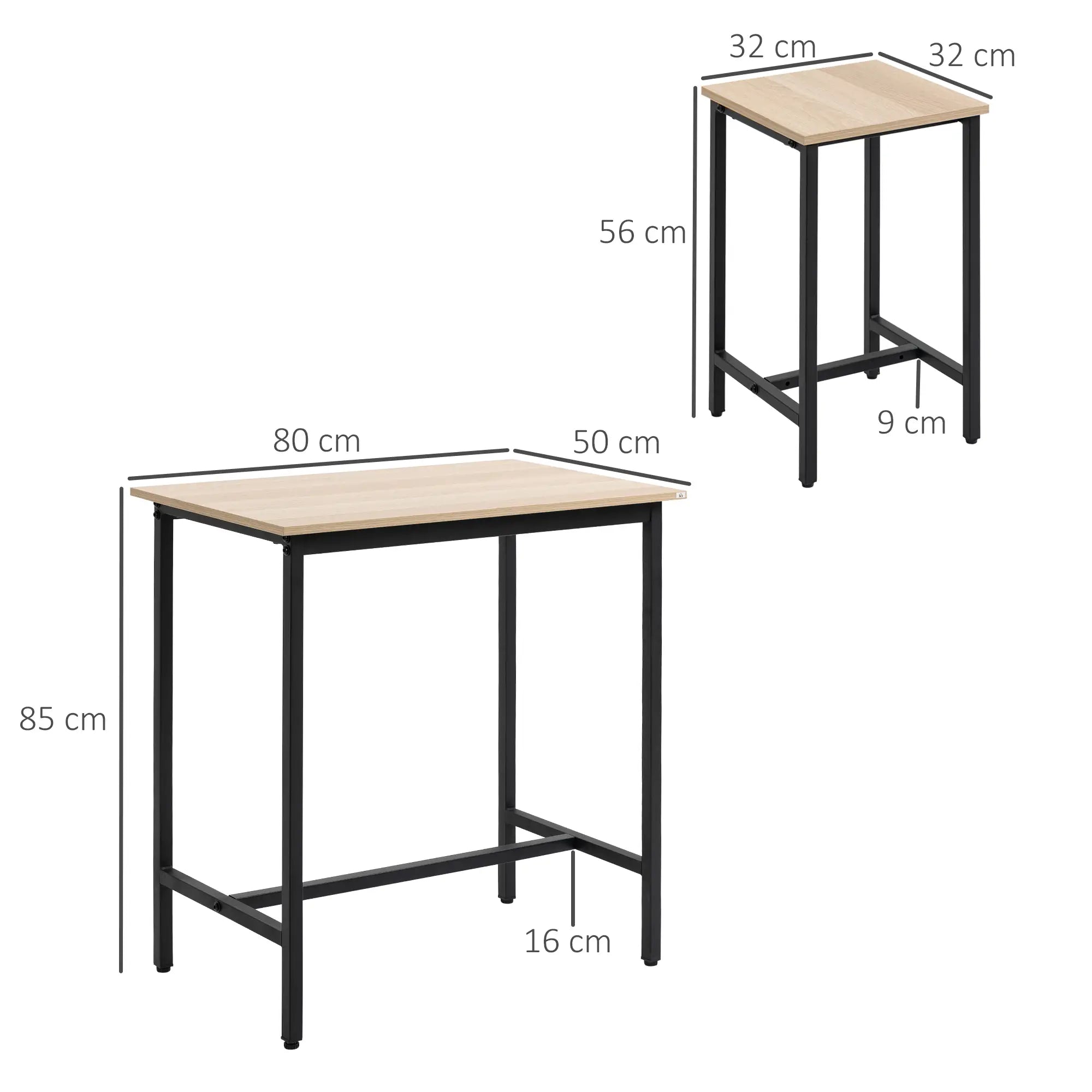 HOMCOM Bartisch-Set im Industrie-Design, 3-teilig, 1 Tisch, 2 Hocker, Schwarz + Natur