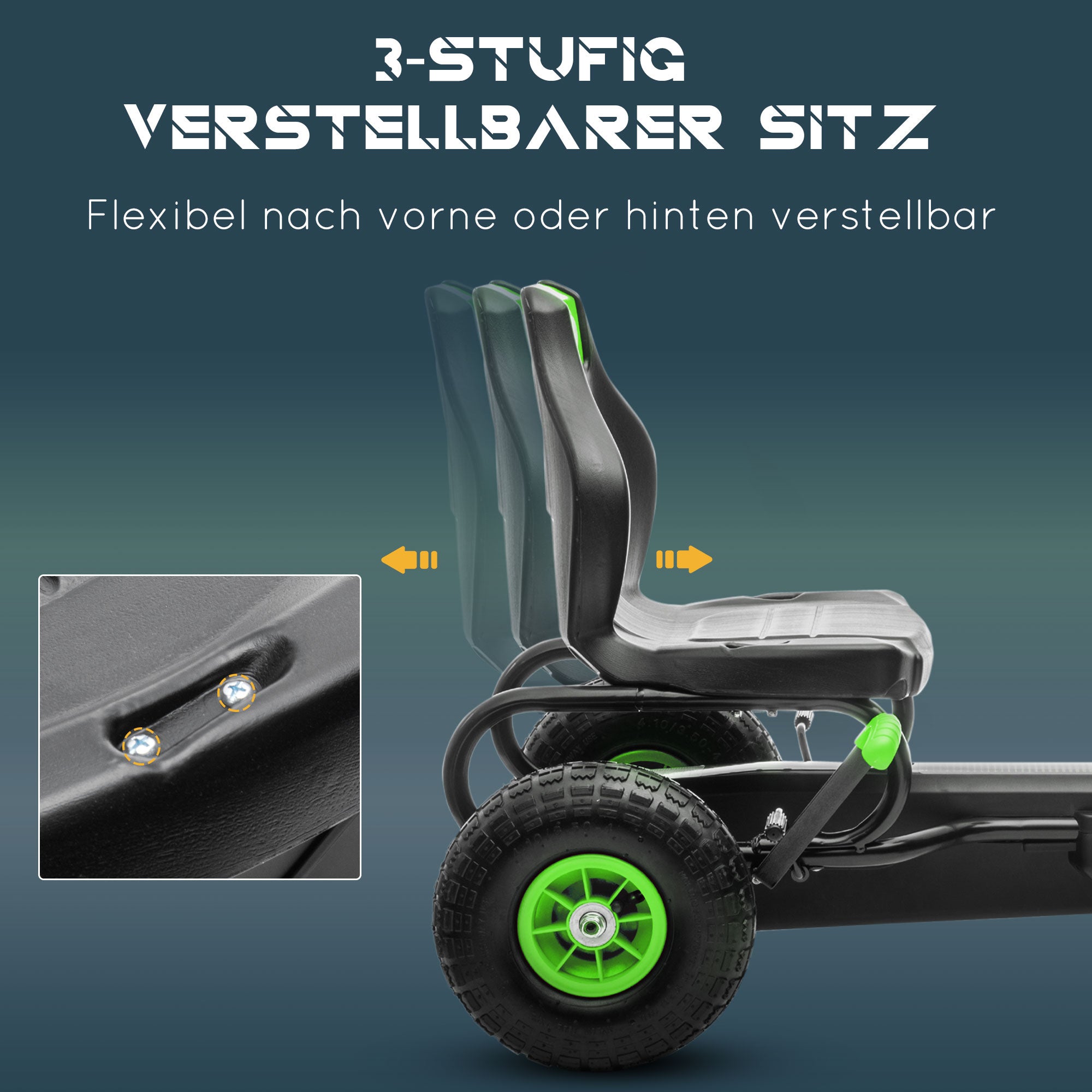 HOMCOM Kinder-Gokart, mit Pedalen, verstellbarem Sitz, In- und Outdoor, ab 5 Jahren, Grün+Schwarz, 121 x 58 x 61 cm