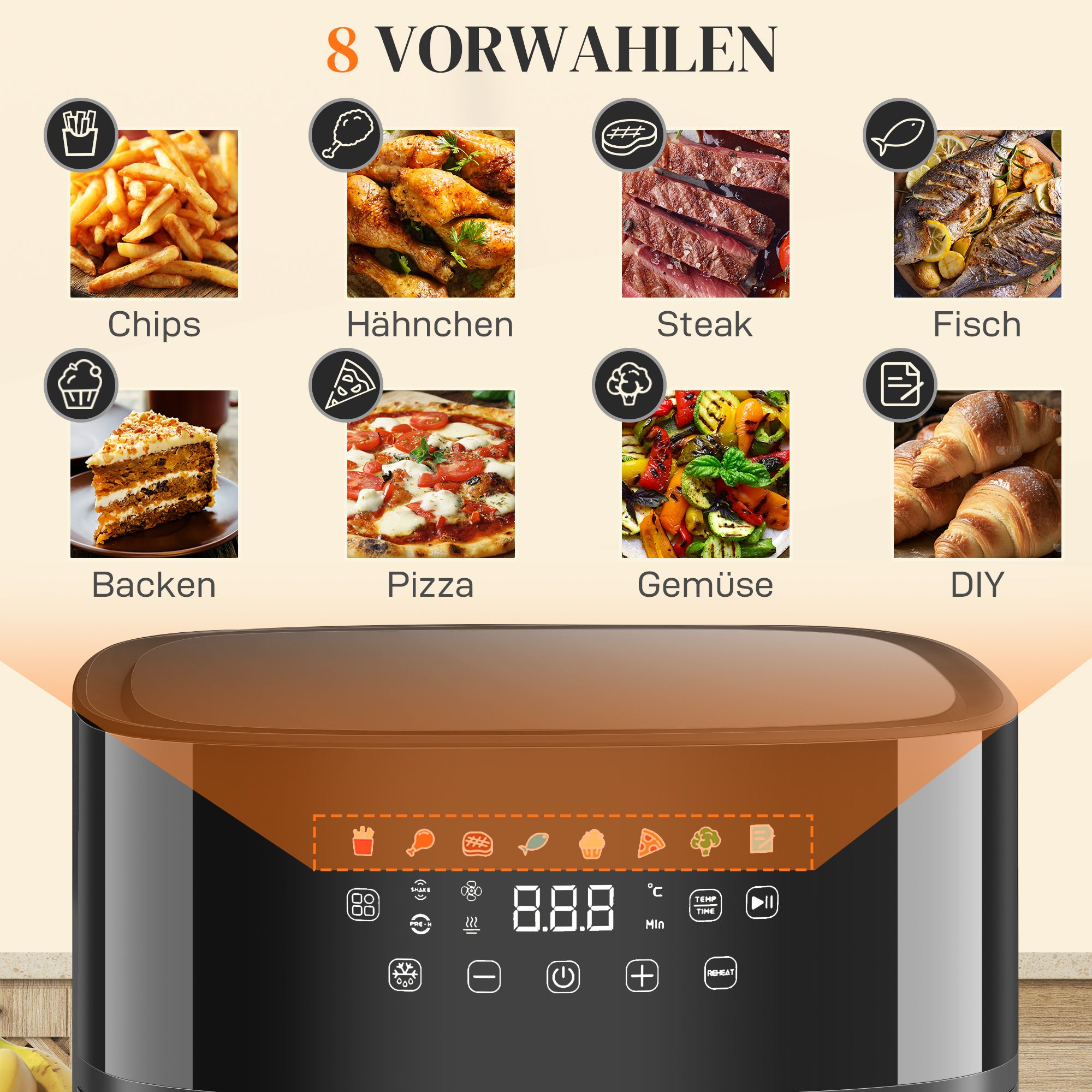 HOMCOM Heißluftfritteuse, Air Fryer, 8 Programme, 8 Liter, LED-Screen, Schwarz