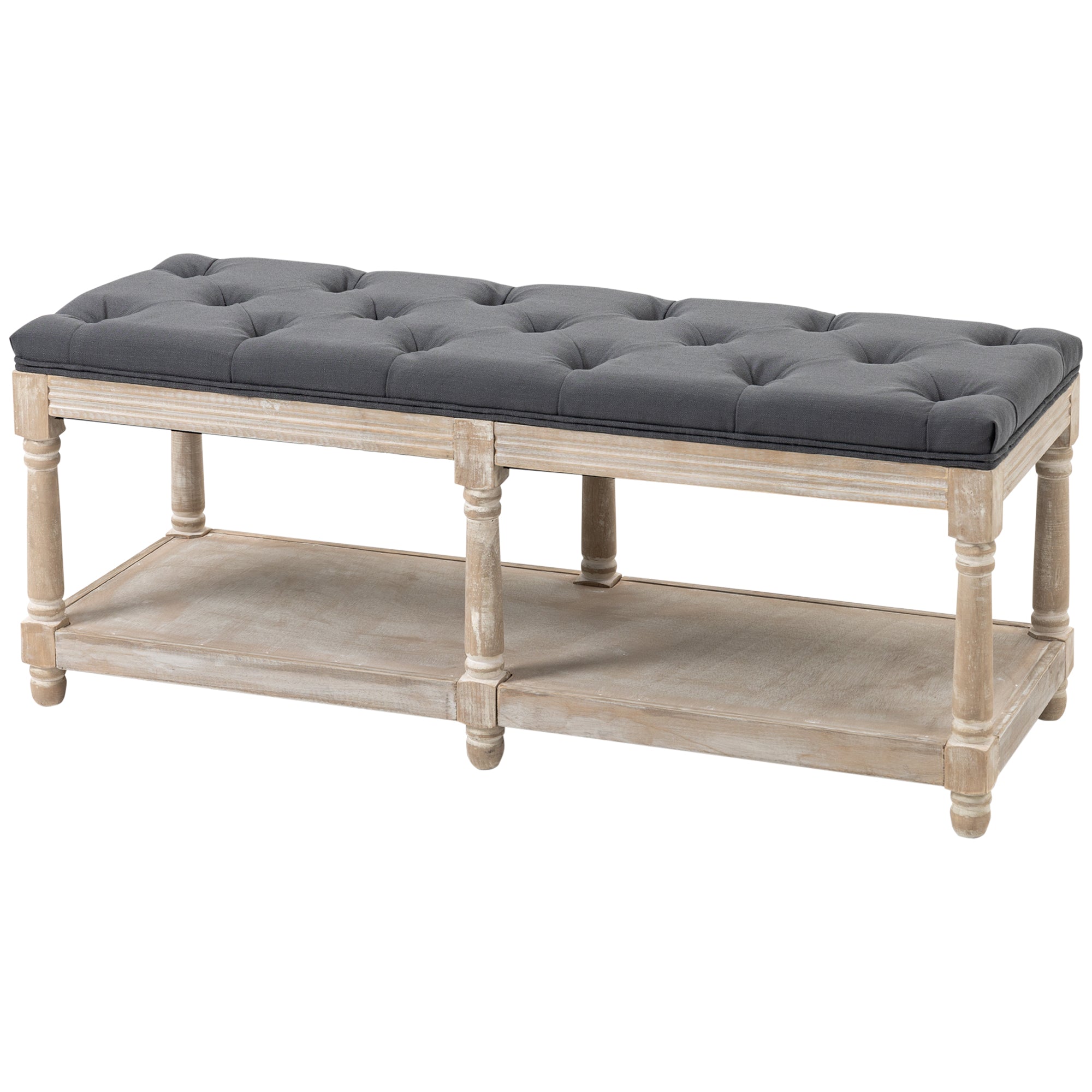 HOMCOM Sitzbank mit Stauraum, Vintage-Design, Knopfheftung, Kautschukbaumholz, 115x40x48cm, Grau