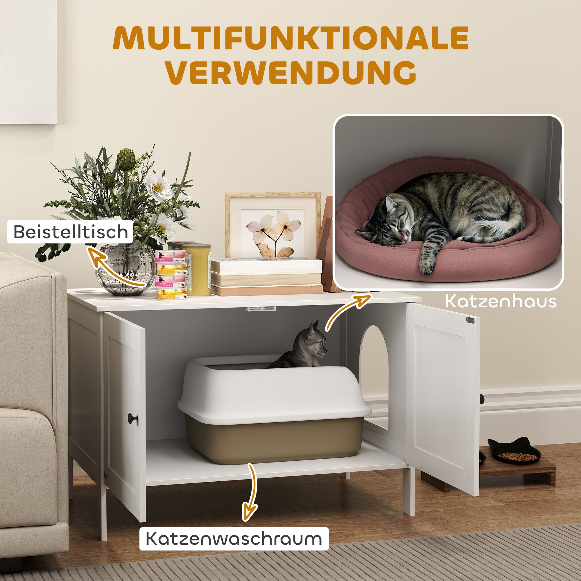 PawHut Katzenklo-Schrank Katzenhaus mit Tür Trennwand Katzentoilette für große Katzen 80 x 51 x 54 cm Weiß
