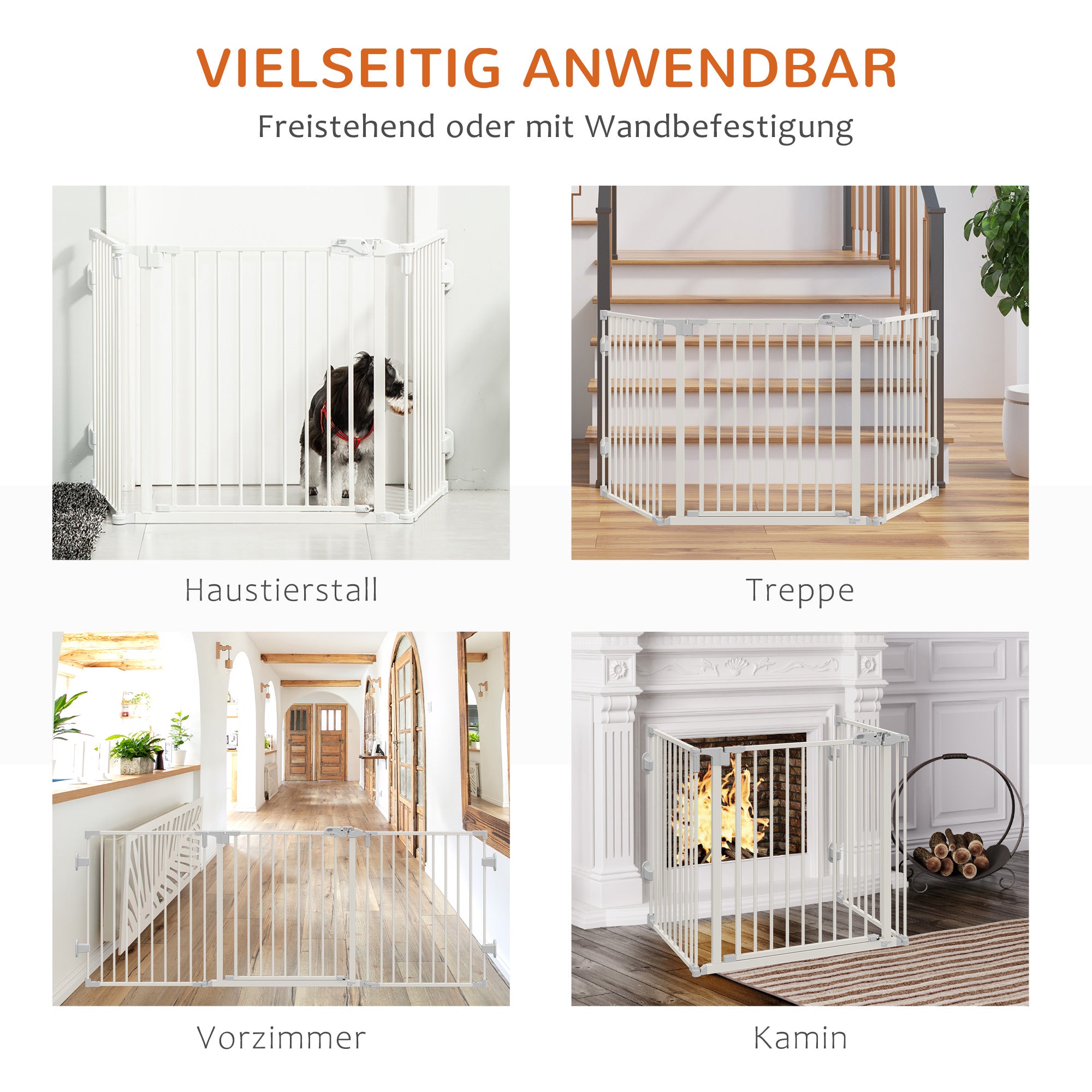PawHut Hunde Absperrgitter Türschutzgitter Haustierschutzgitter verstellbar klappbar Kamingitter mit automatische schließenden Tür 3 Paneele für Ofen Wandmontage/Freistehend Weiß 202,5 x 76 cm