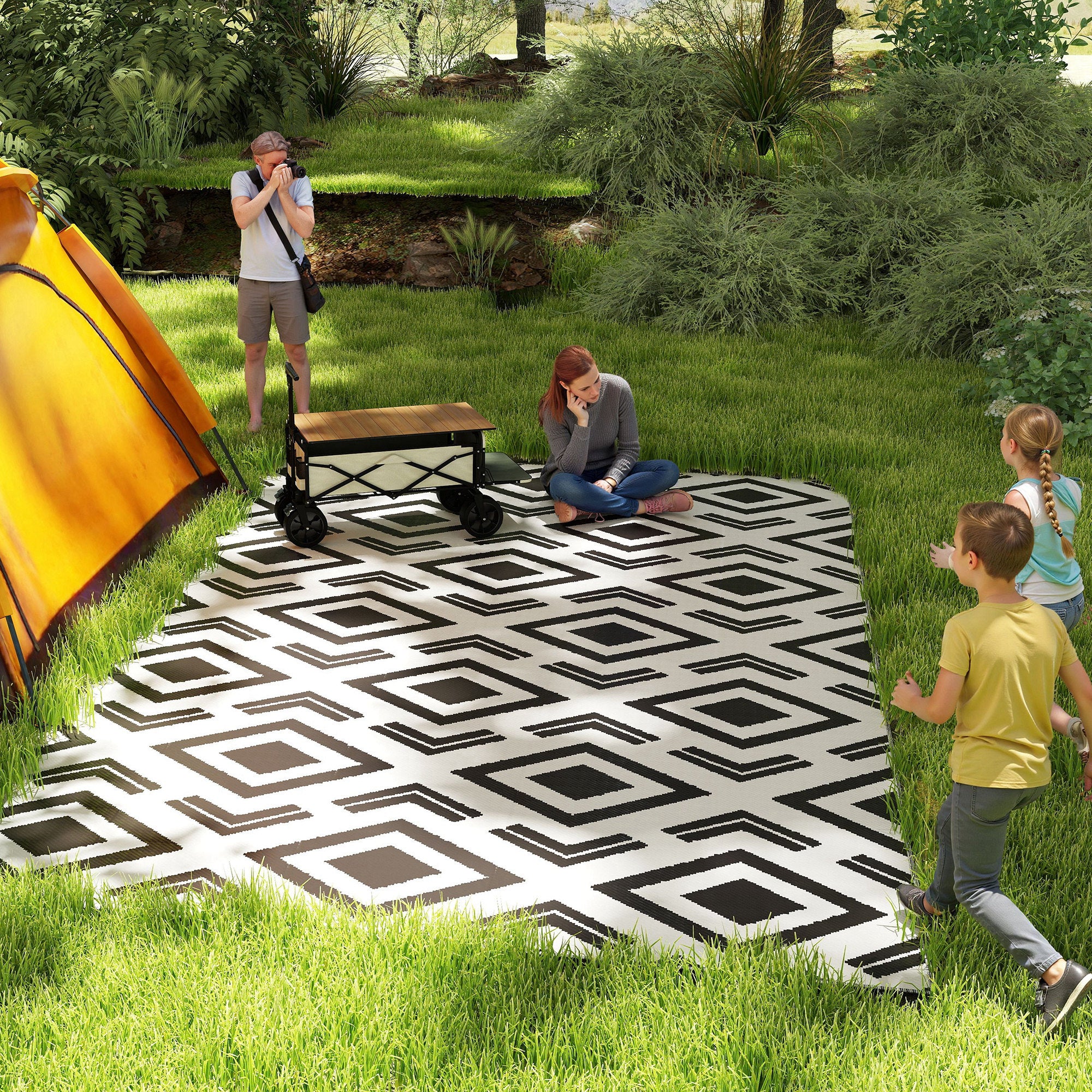 Outsunny Outdoor Teppich robuster Wetterfest Outdoorteppich mit Tragtasche, faltbar Carpet Boho-Style 182 x 274 cm Schwarz+Weiß