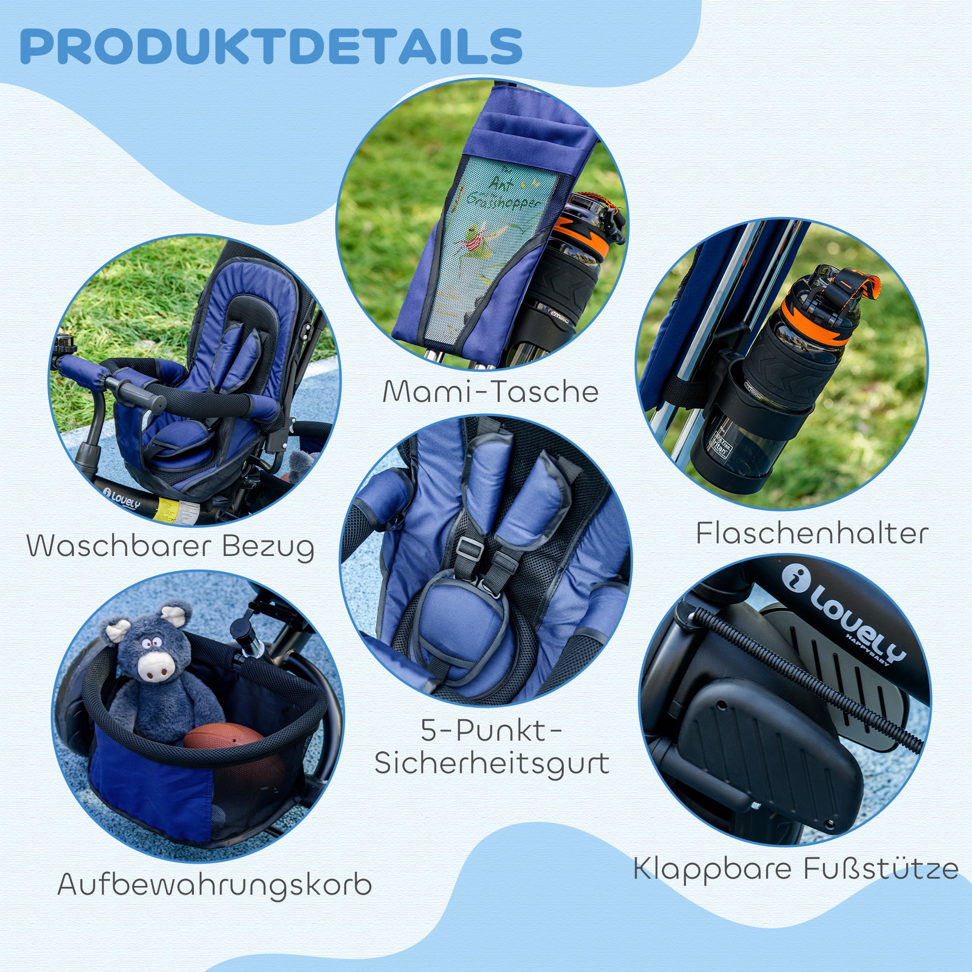 HOMCOM Kinder-Dreirad, Kinderfahrrad, Rückenkorb, Becherhalter, Sonnendach, Metall, Dunkelblau