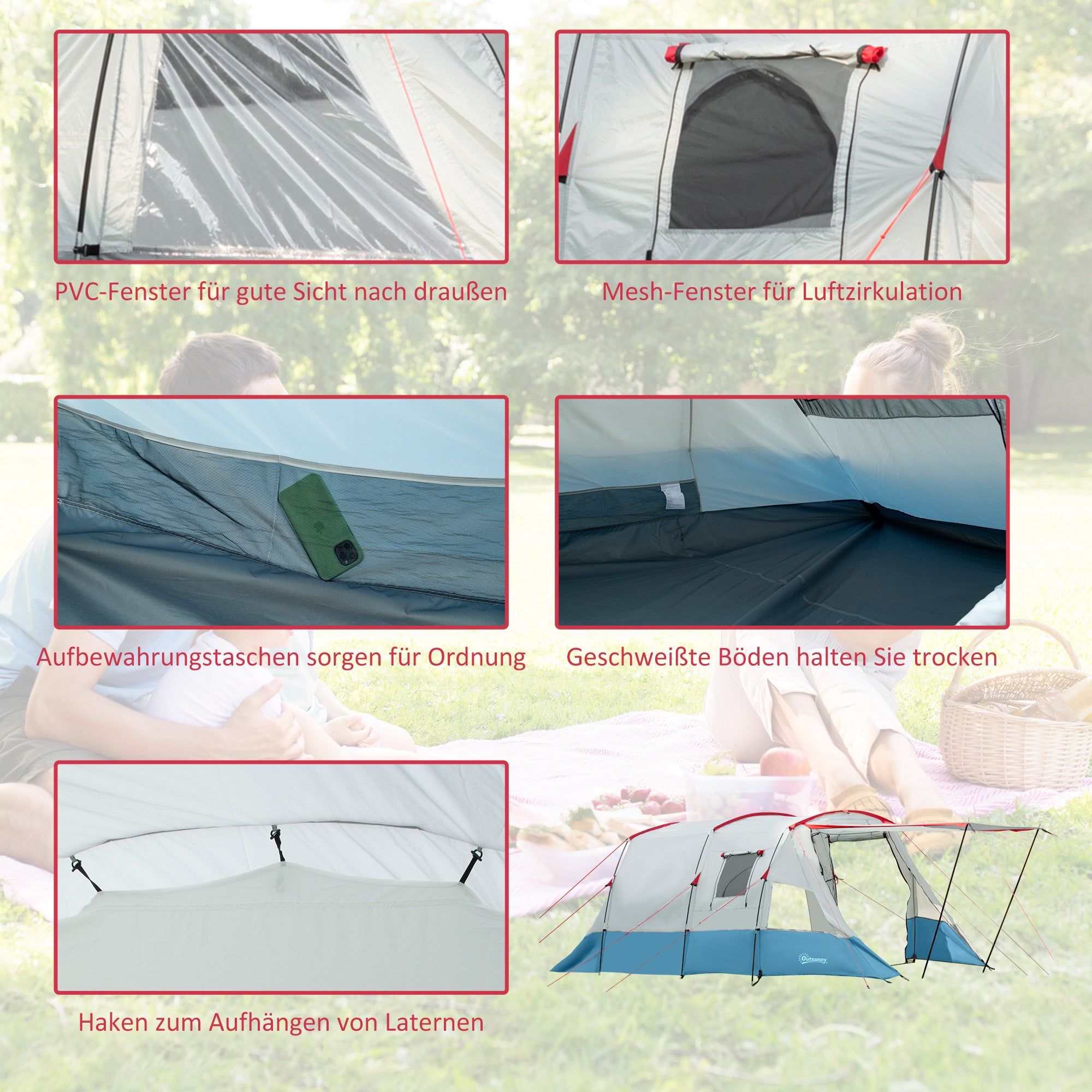 Outsunny Campingzelt, für 6-8 Personen, zwei Räume, Lampenhaken, mit Tragetasche, Blau, 5,10x2,40x1,80m