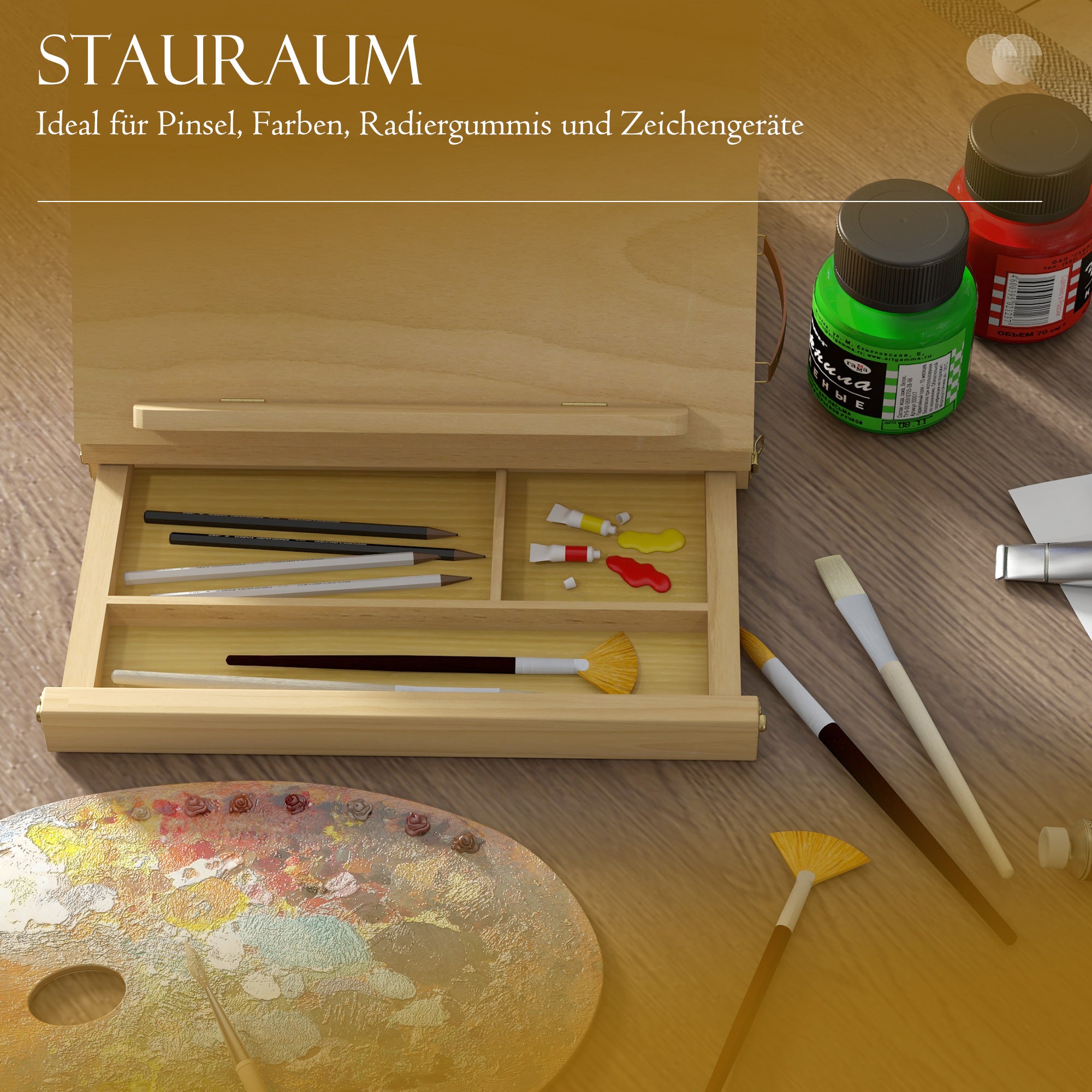 Vinsetto Tischstaffelei, kleine Staffelei, 1 Schublade, 3 Fächer, Massivholz, Natur