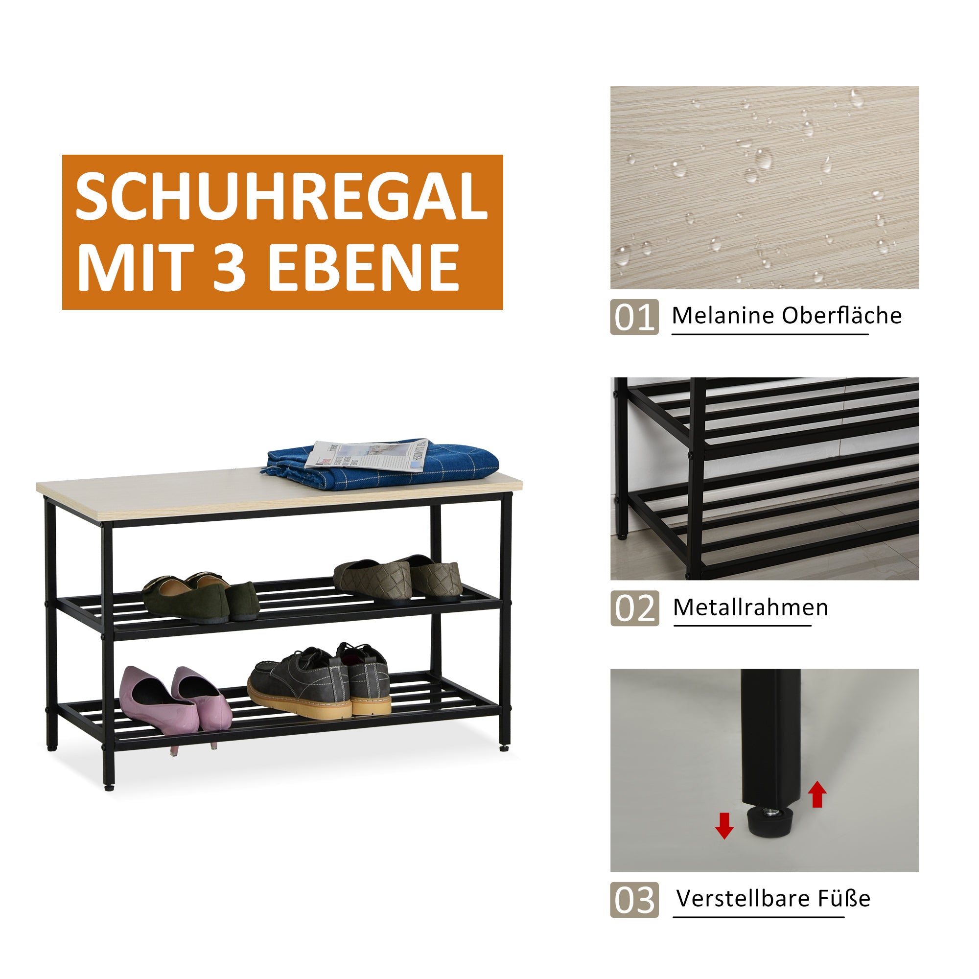 HOMCOM 2-in-1 Garderobenset Flurgaderobe mit Sitzbank Wandgarderobe für Eingangsbereich, 6 Haken, Natur+Schwarz, 75 x 30 x 45 cm(Sitzbank)