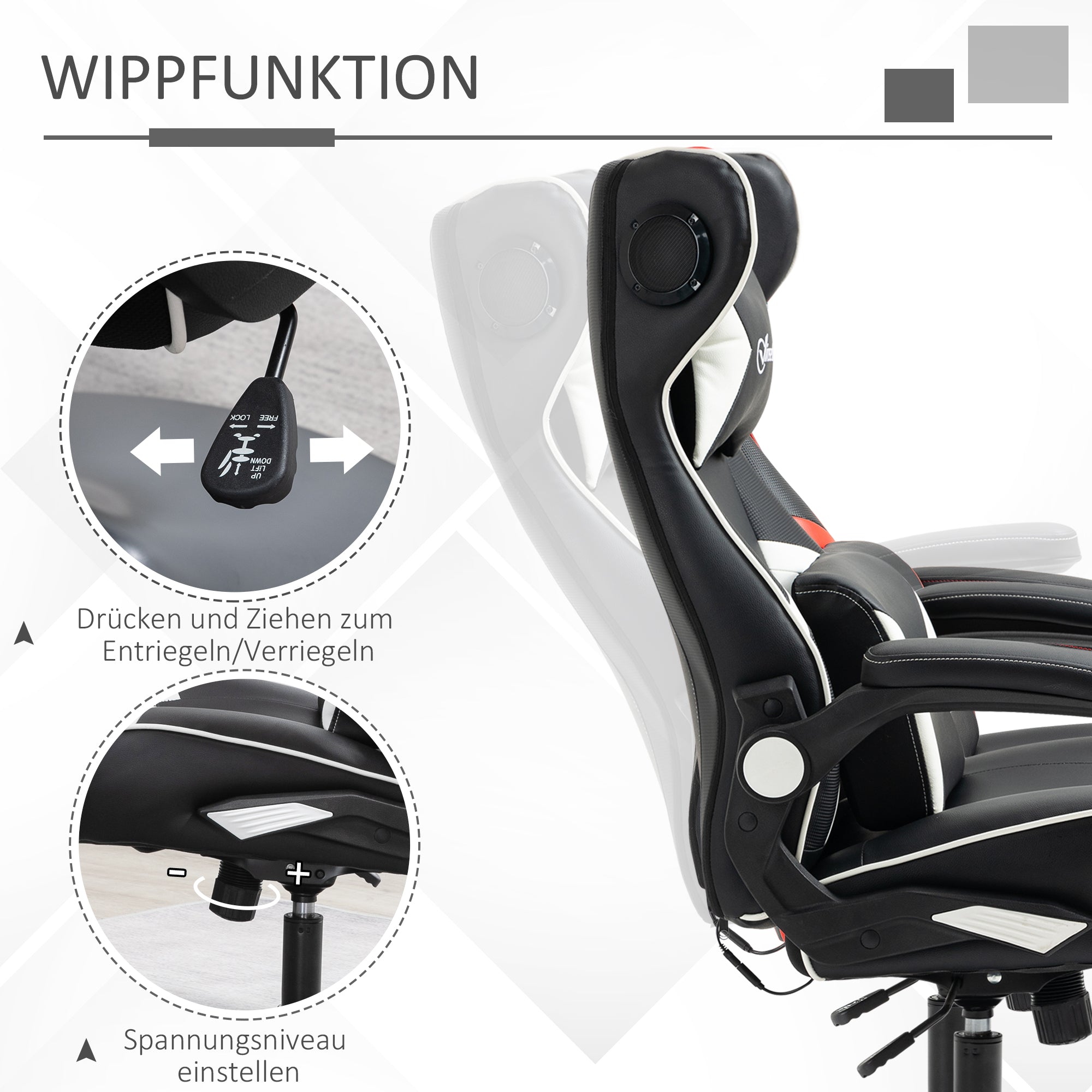 Vinsetto Gamingsessel, Gamingstuhl, integrierte Lautsprecher, neigbare Rücklehne, schwarz+weiß, 69 x 73 x 118cm