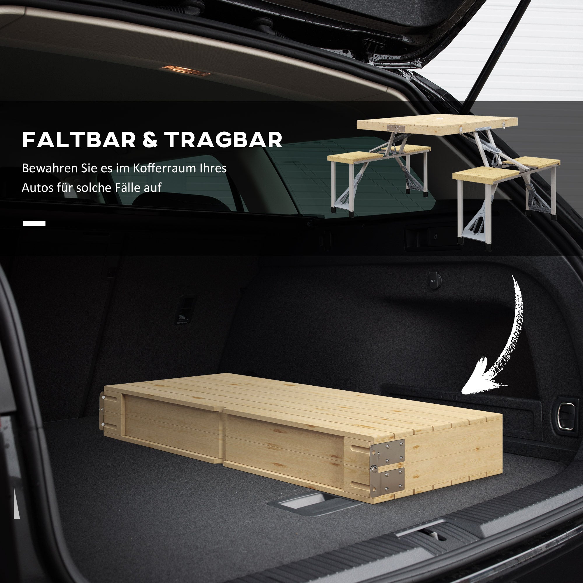 Outsunny Campingtisch, faltbar, 4 Sitzplätze, Schirmloch, Holztischplatte, Aluminiumrahmen, 85,5x72,5x67cm