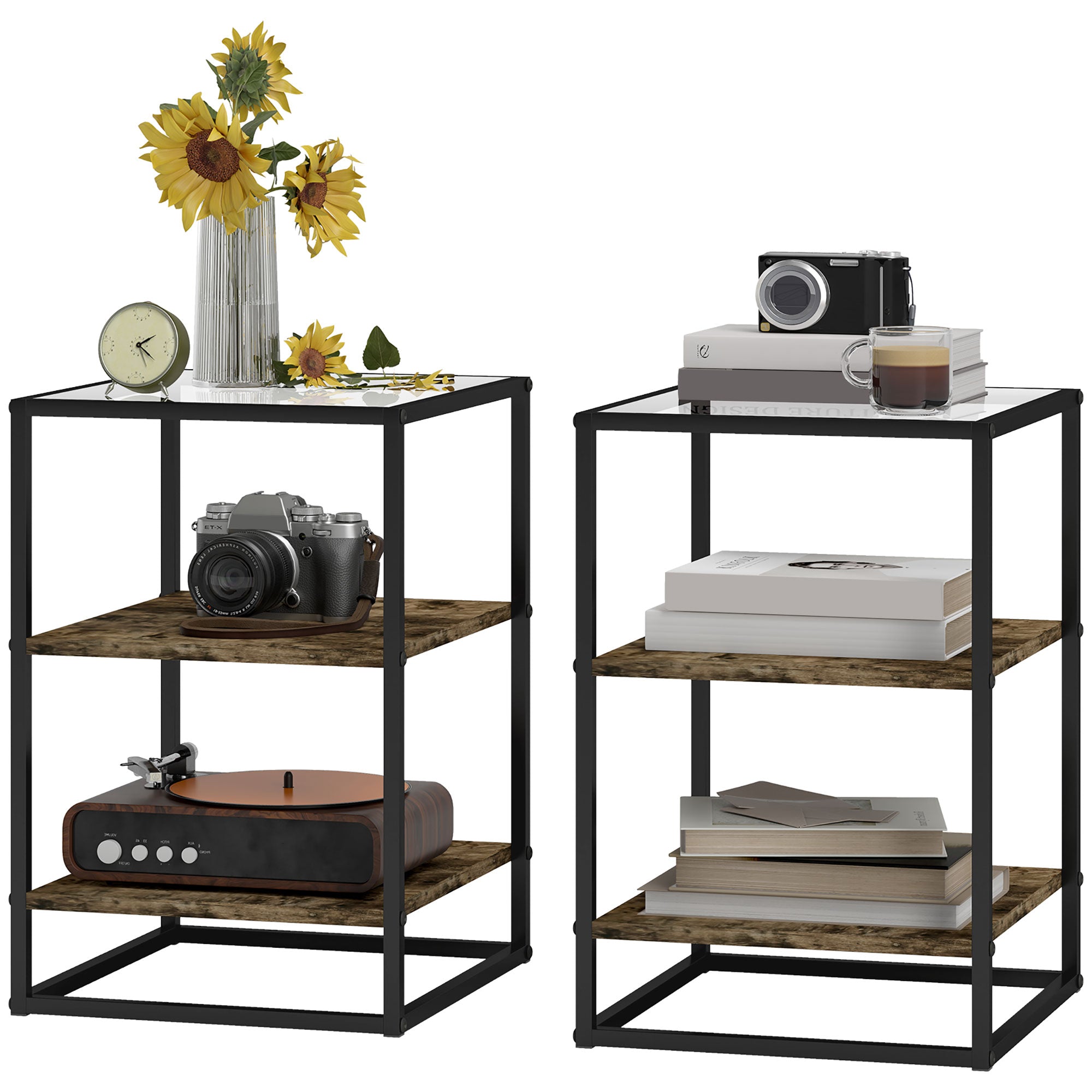 HOMCOM 2er-Set Beistelltische mit Glasplatte, 3-stufiges Design, Metallrahmen, für Wohnzimmer, Schlafzimmer, Braun