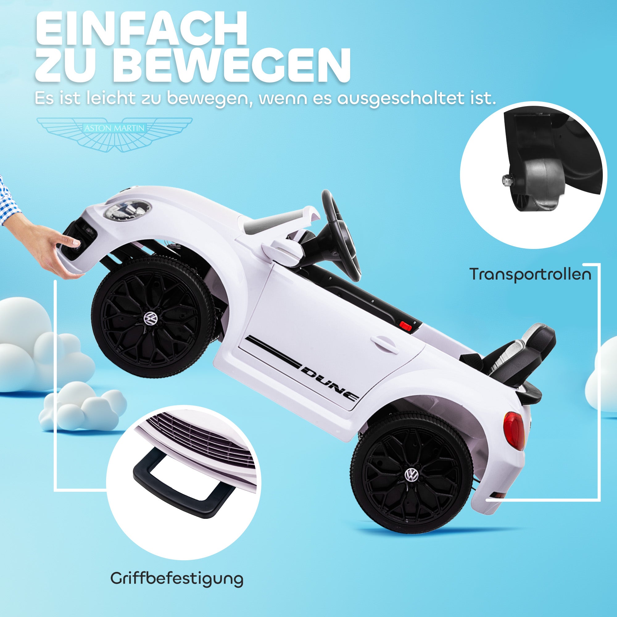 AIYAPLAY Elektro-Kinderfahrzeug, VW Käfer, 3-5 km/h, mit Fernbedienung & Musik, Weiß