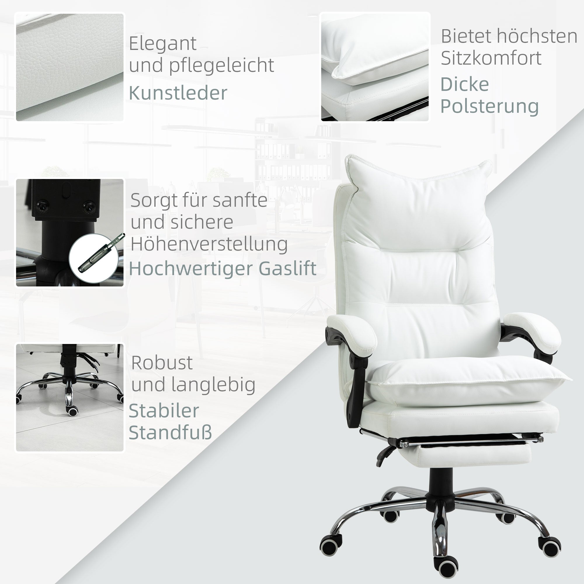 Vinsetto Bürostuhl mit Liegefunktion, ergonomisch höhenverstellbar mit Fußstütze, gepolstert, bis 135 kg belastbar, 66 x 72 x 122-130 cm, Weiß