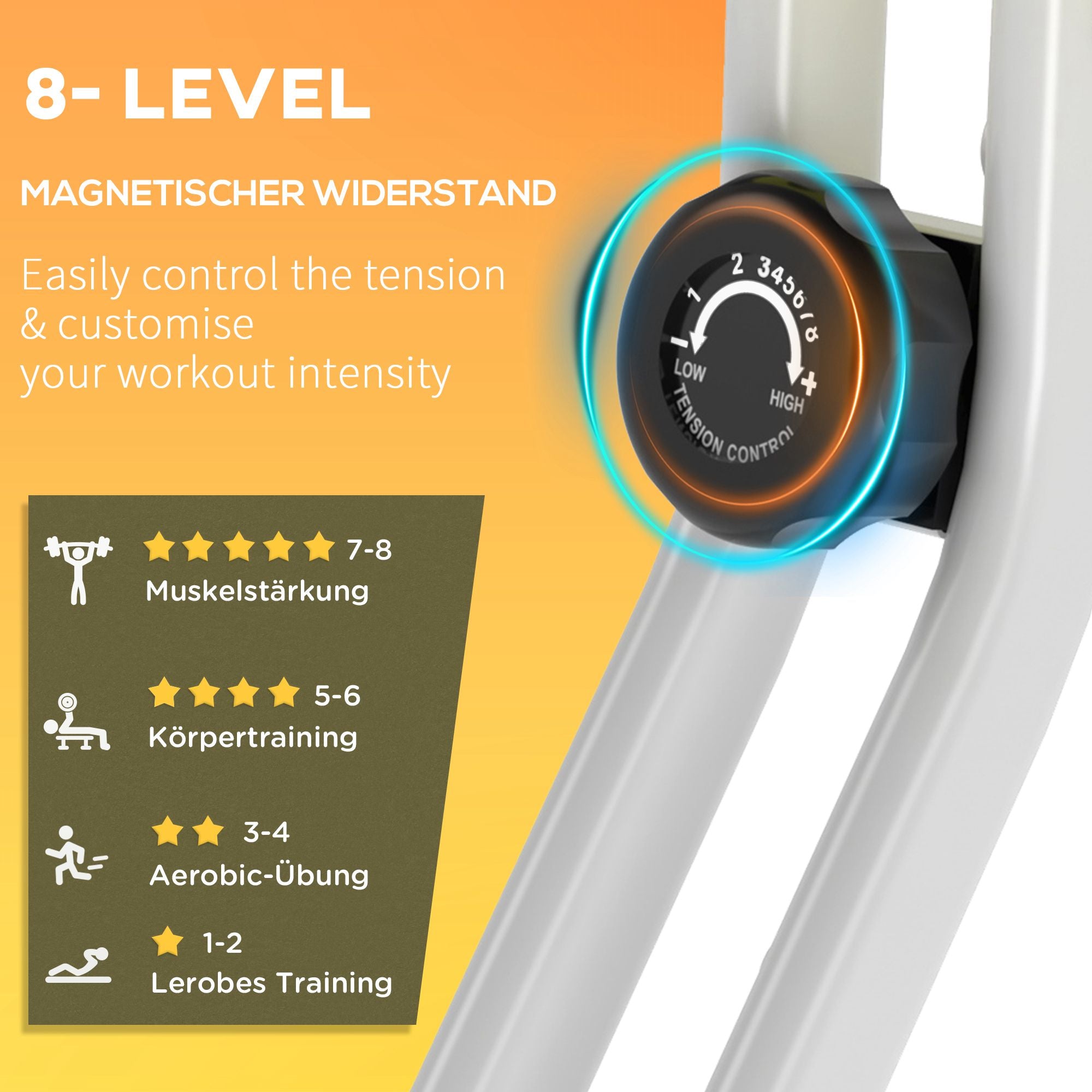 HOMCOM Heimtrainer Fahrradtrainer klappbar Magnetisch Hometrainer Fahrrad mit LCD Monitor, 8 stufig einstellbarem Magnetwiderstand, Platzsparend Fitnessbikes für Zuhause Gelb+Weiß