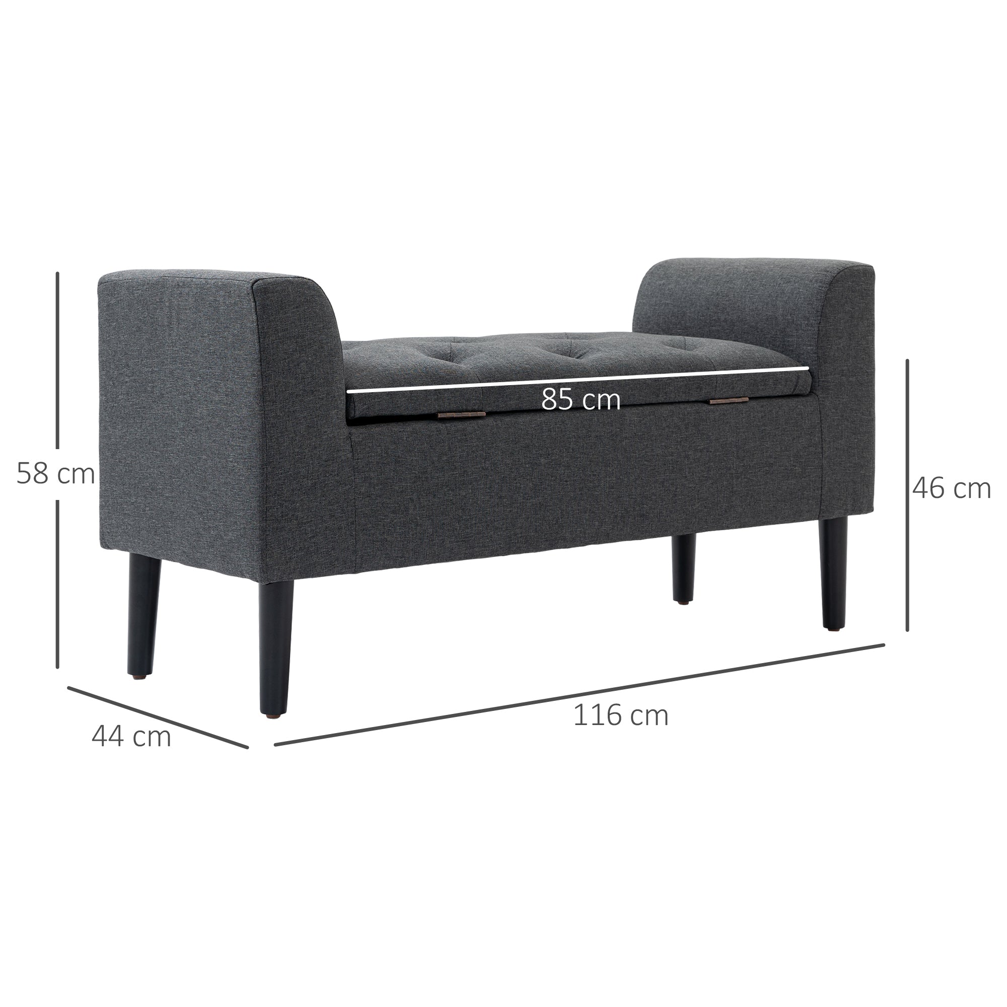 HOMCOM Sitzbank mit Stauraum, Polsterbank mit Leinenoptik, Holzbeine, Bettbank belastbar bis 130 kg, für Wohnzimmer Schlafzimmer Flur, 116 x 44 x 58 cm Dunkelgrau