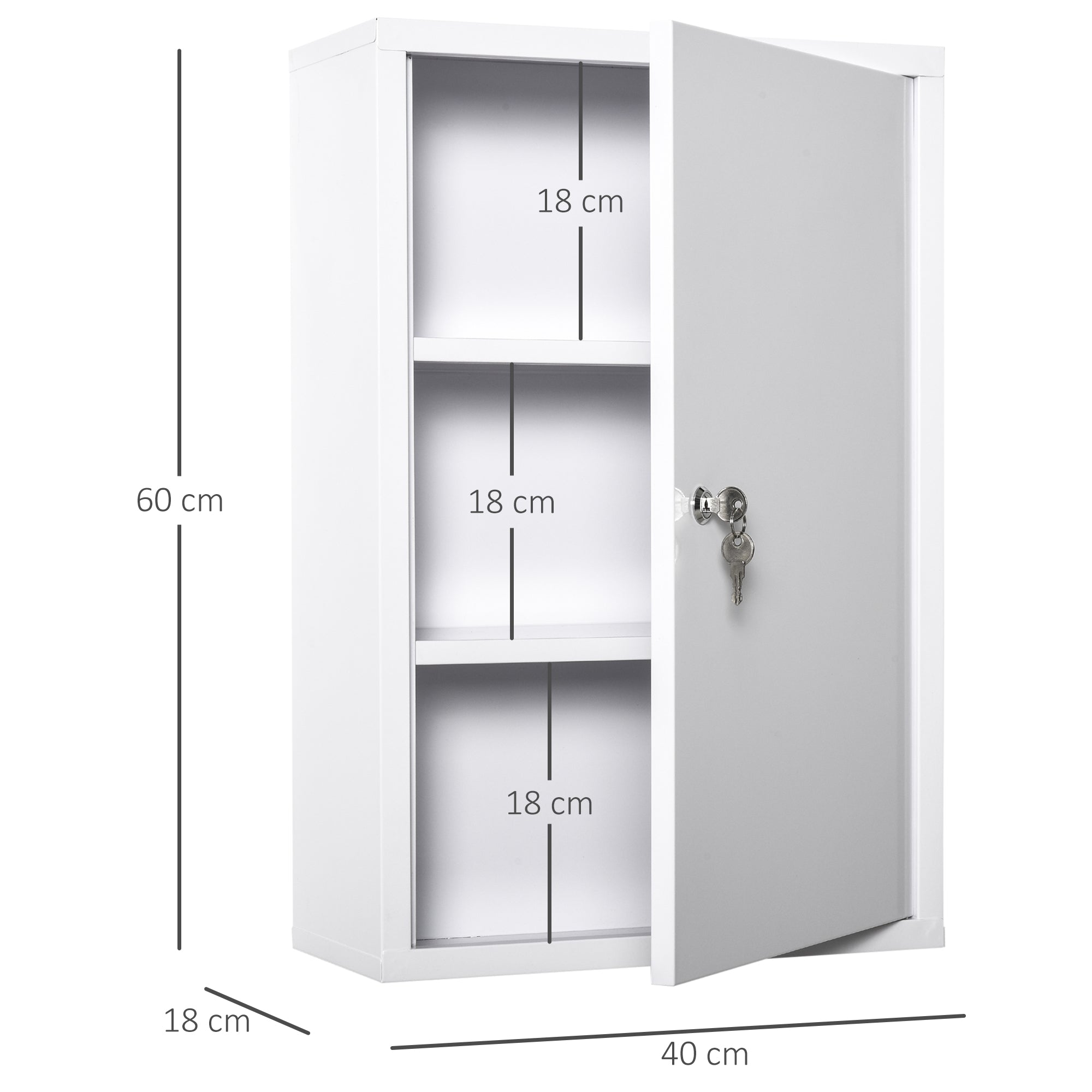 kleankin Medizinschrank Arzneischrank zur Medikamenten-Aufbewahrung, Abschließbar Medikamentenschrank Metall mit 3 Fächern Erste-Hilfe-Schrank, 40 x 18 x 60 cm, Weiß