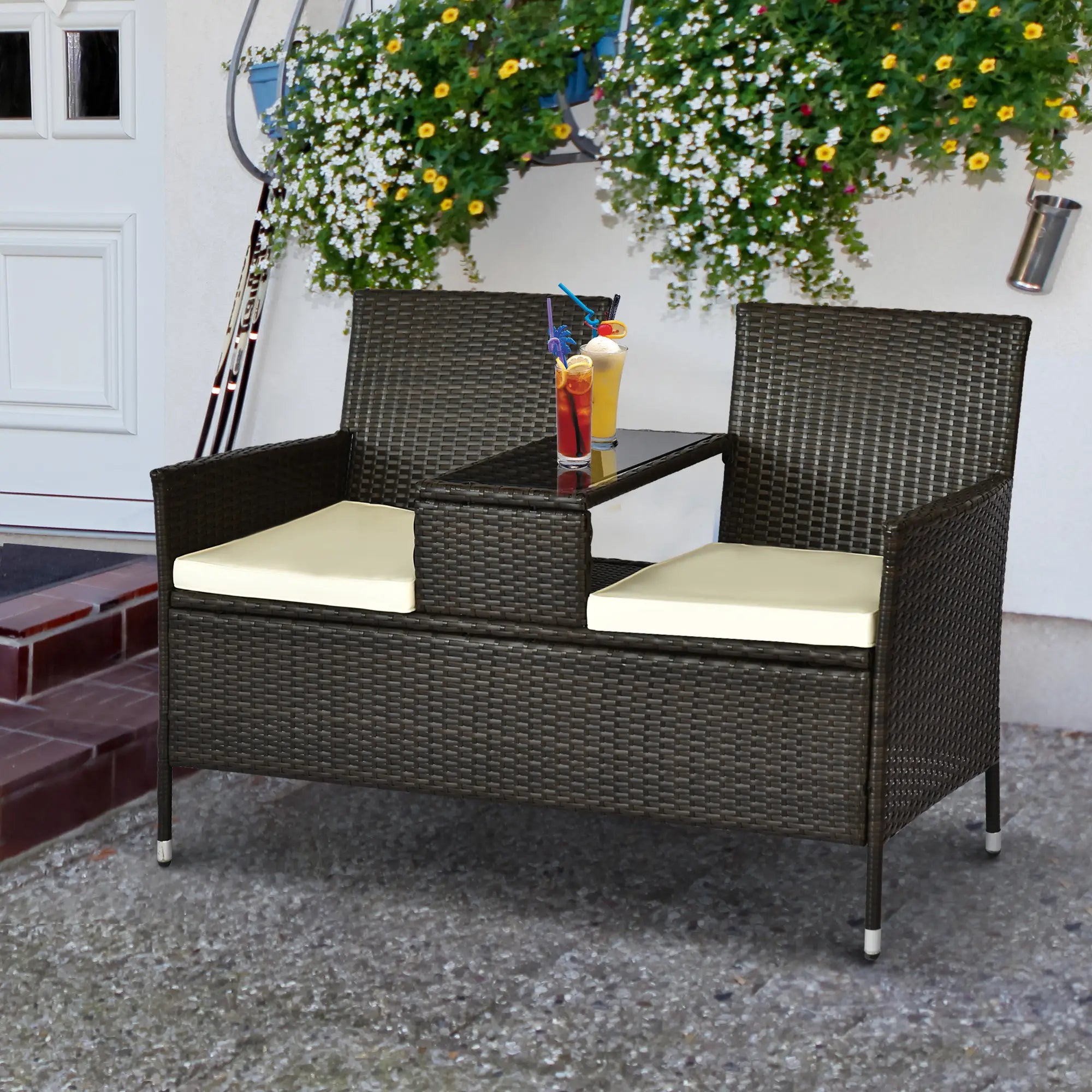 Outsunny Gartenbank 2-Sitzer mit Tisch Polyrattan Outdoor