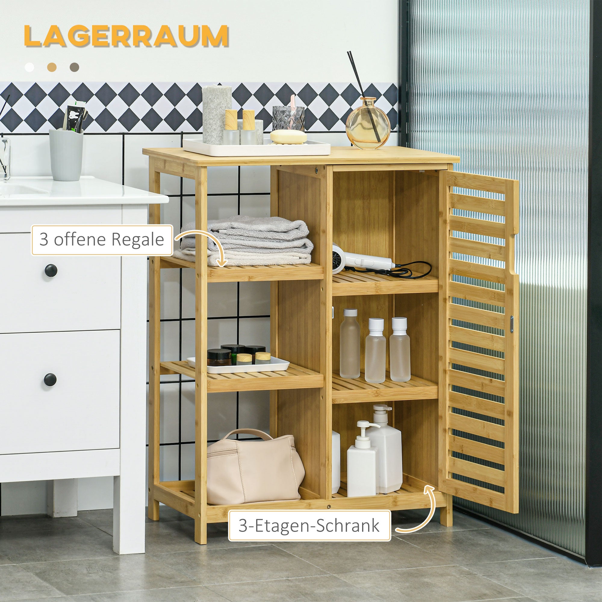 kleankin Badezimmerschrank aus Bambus, 3 Regale, 1 Schrank mit Lamellentüren, Natur