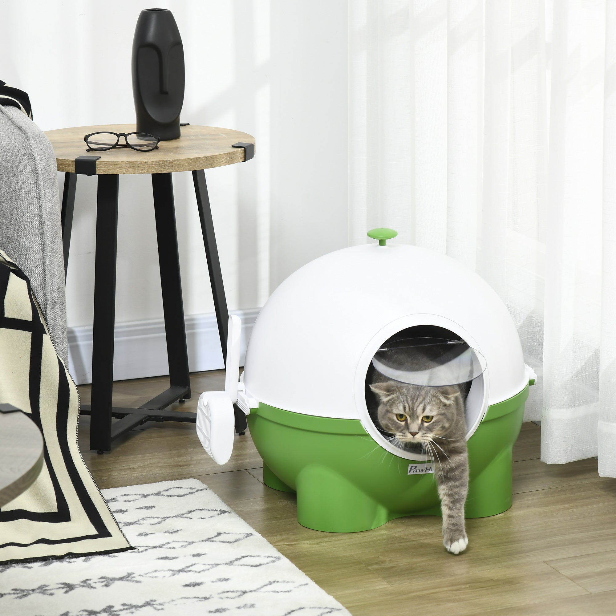 PawHut Katzentoilette mit Sieb, inkl. Schaufel, niedliches Design; Grün + Weiß