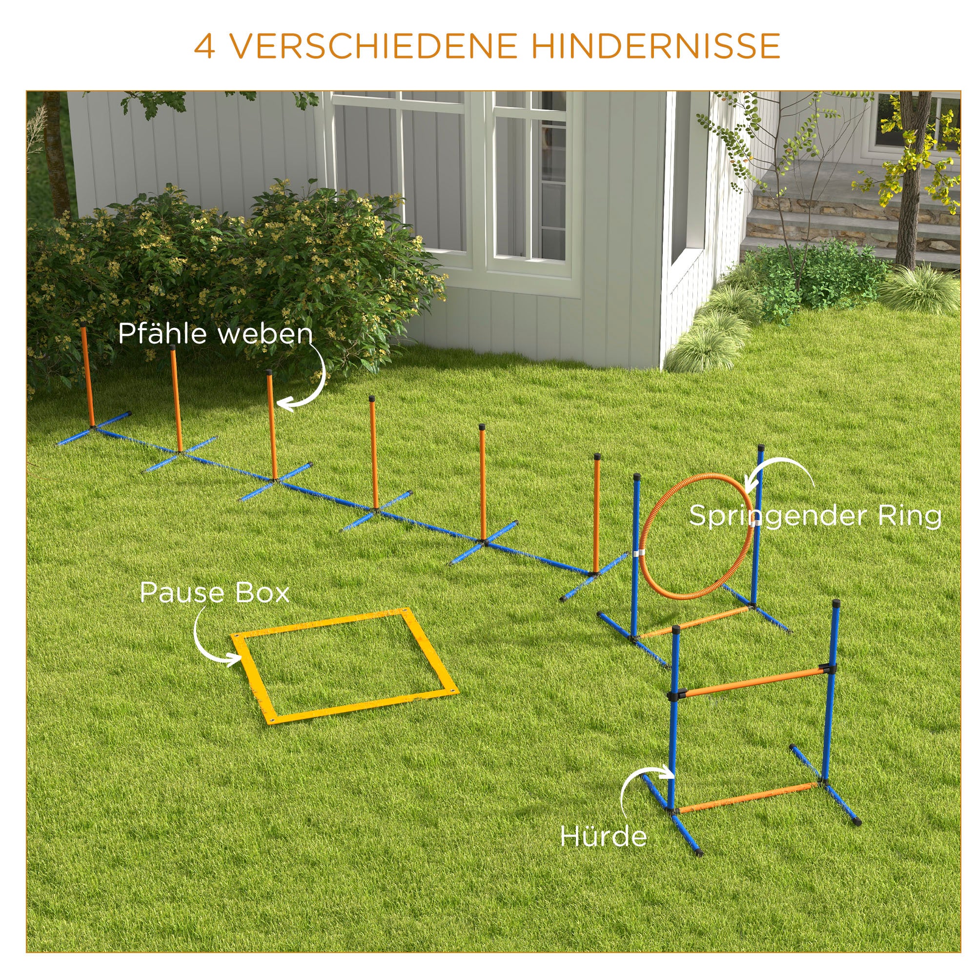 PawHut Hunde-Agiliy-Set Hundeparcours, 1 Reifen, 1 Hürde, 1 Slalom-Set, 352 cm x 66 cm x 69 cm, Blau + Rot