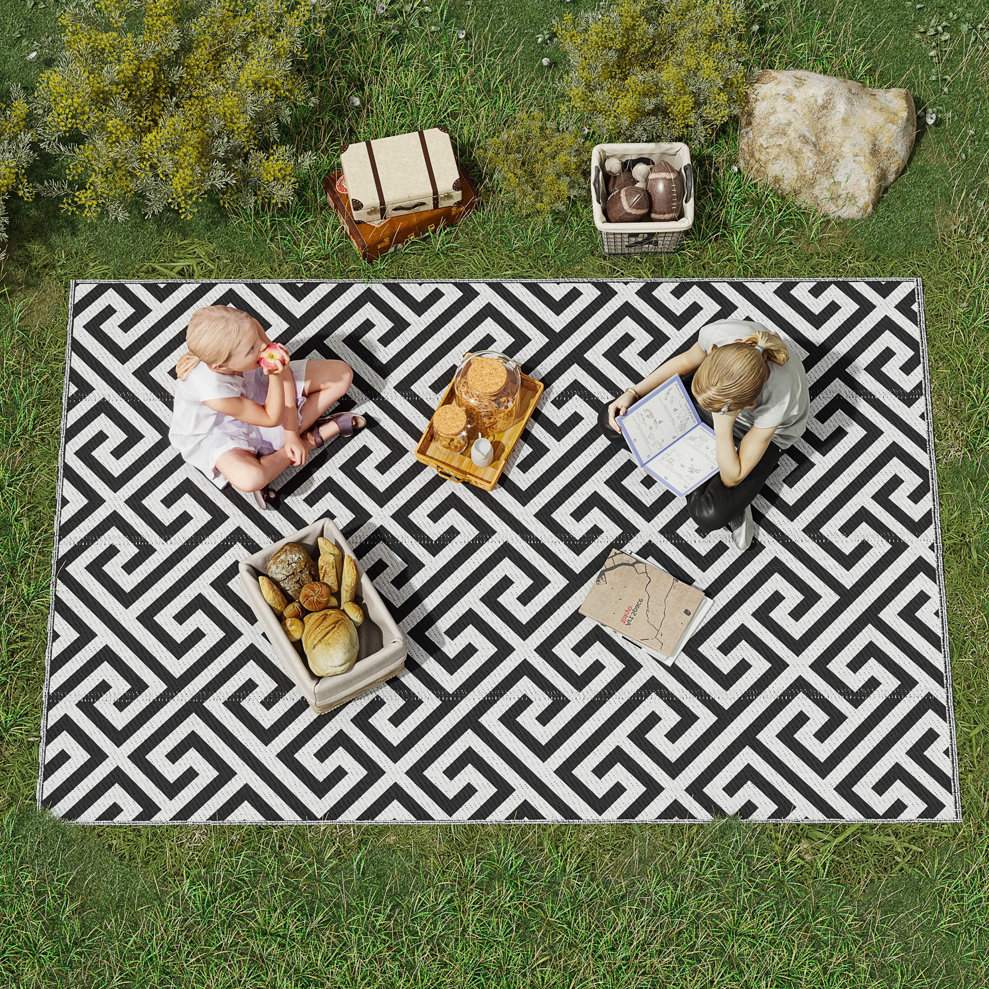 Outsunny Outdoor-Teppich, beidseitig nutzbar, strapazierfähig, Rand gegen Ausfransen, schwarz+weiß, 152 x 243 cm