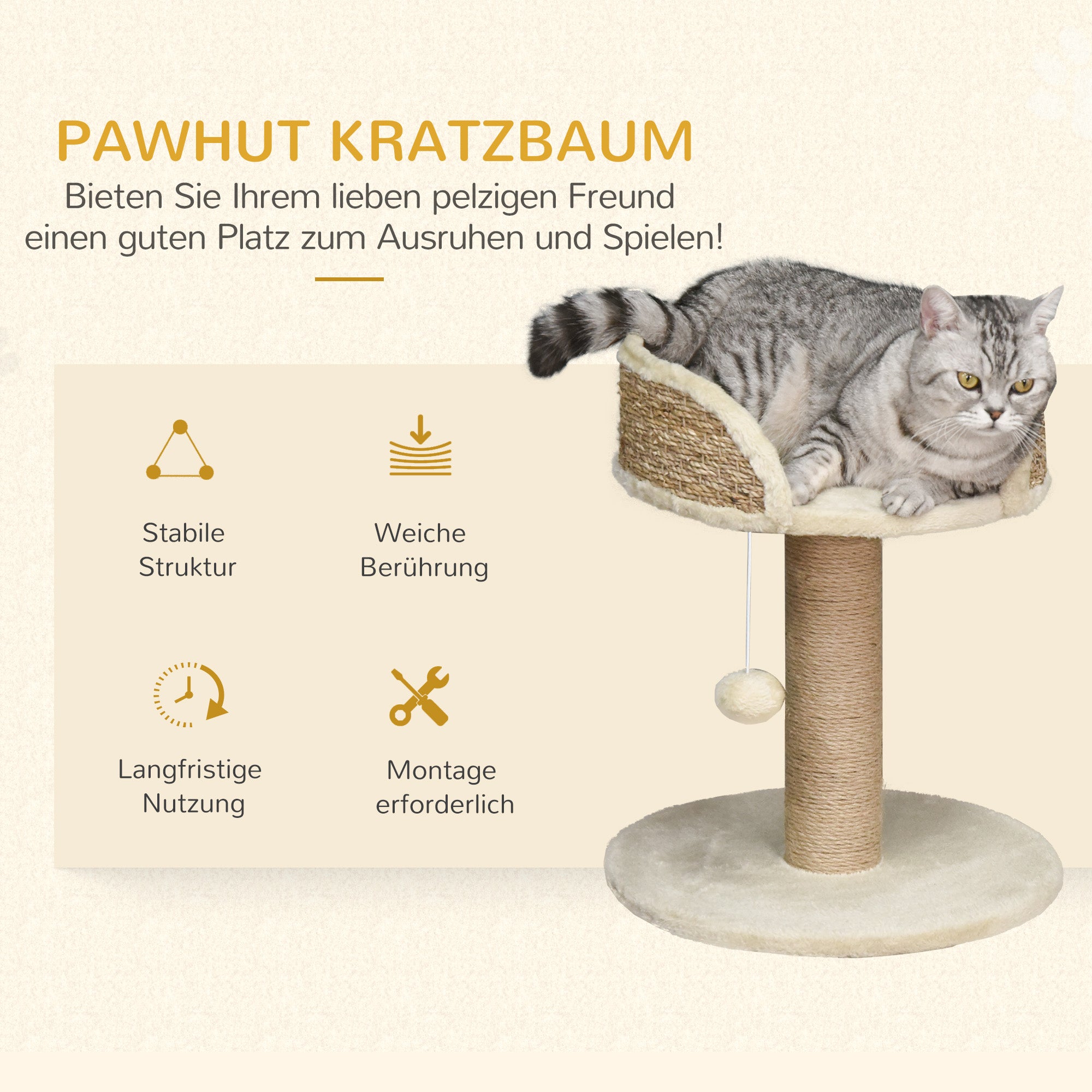 PawHut Kratzbaum Katzenbett Katzenkorb, inkl. Spielball, 40 cm x 40 cm x 49cm, Natur + Cremeweiß
