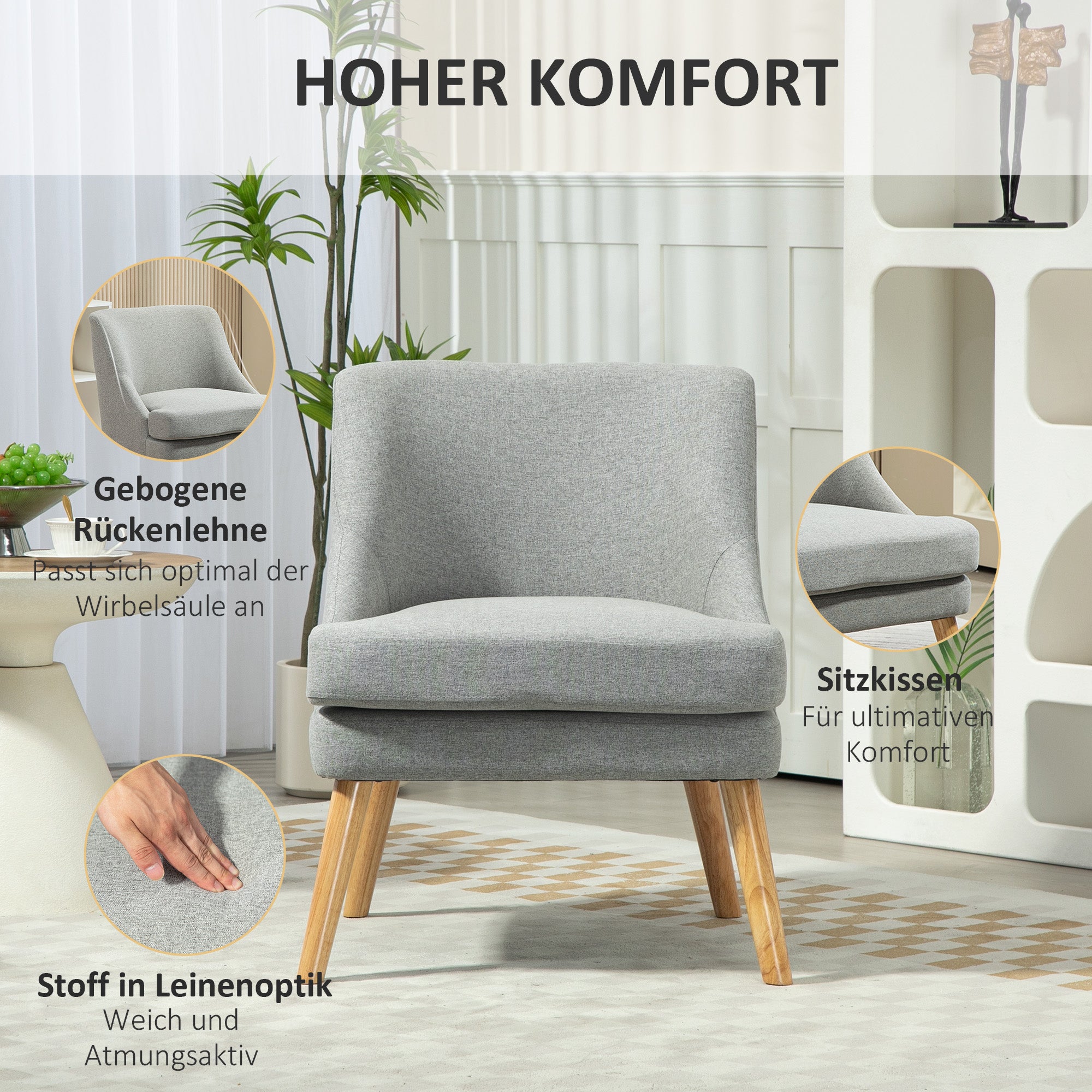 HOMCOM Gepolsterter Loungesessel in Leinenoptik, Armlehne, Holzbeine, für Wohnzimmer, Schlafzimmer, Hellgrau