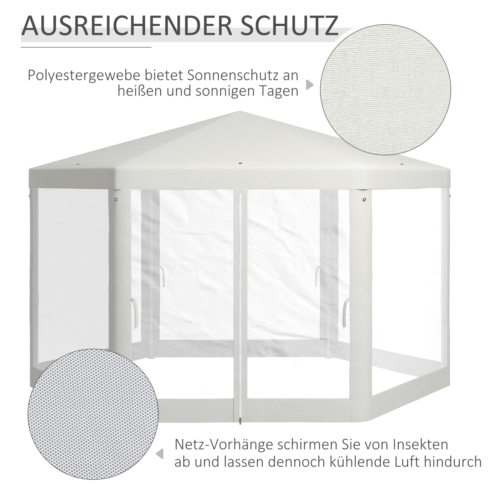 Outsunny Gartenpavillon, 6-eckig, Netzvorhänge, Metallgestell, 3,94x3,412x2,5m, Creme